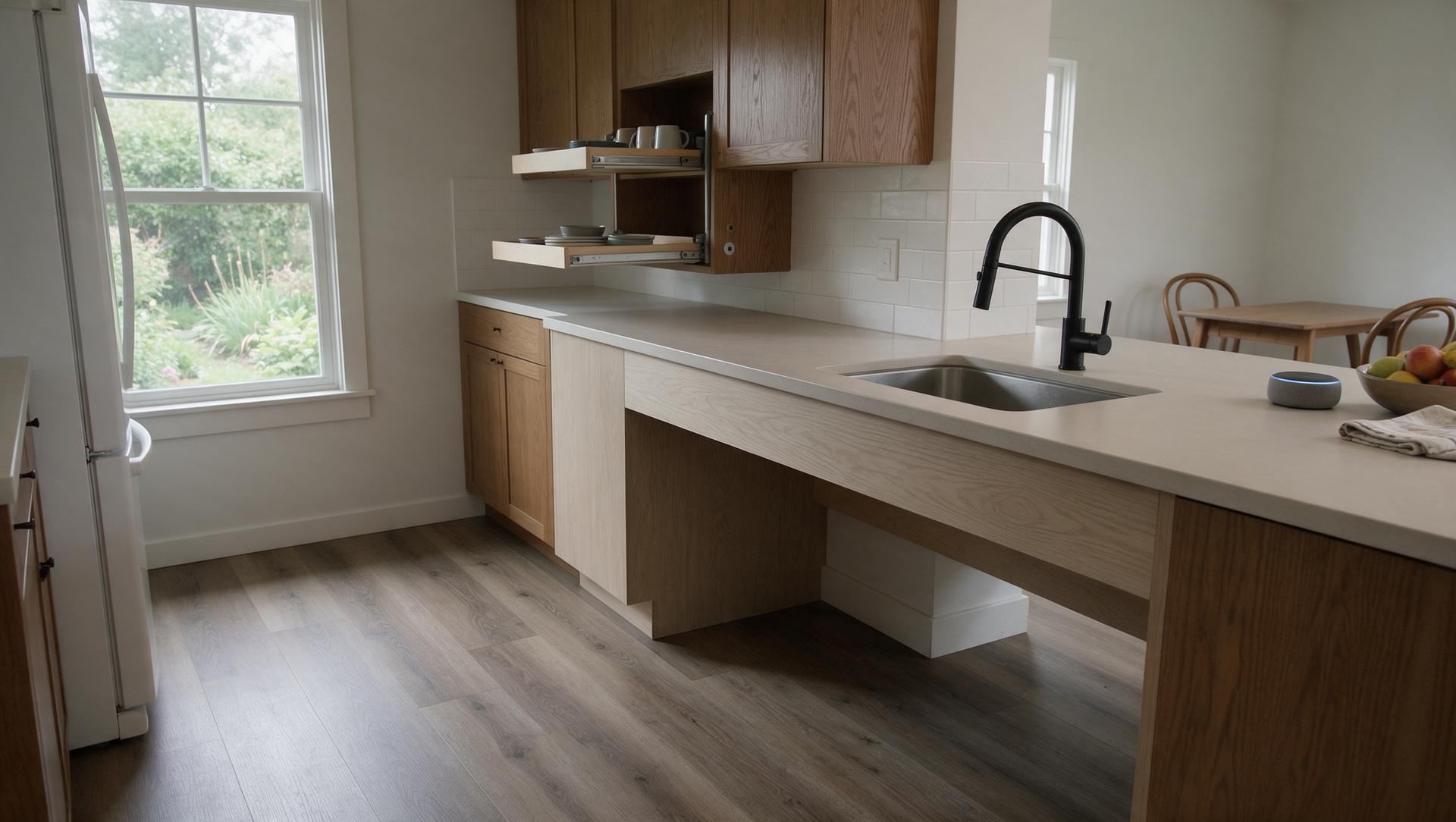 An accessible kitchen with a lowered counter section, open knee space, a lever faucet and a small smart speaker on the counter