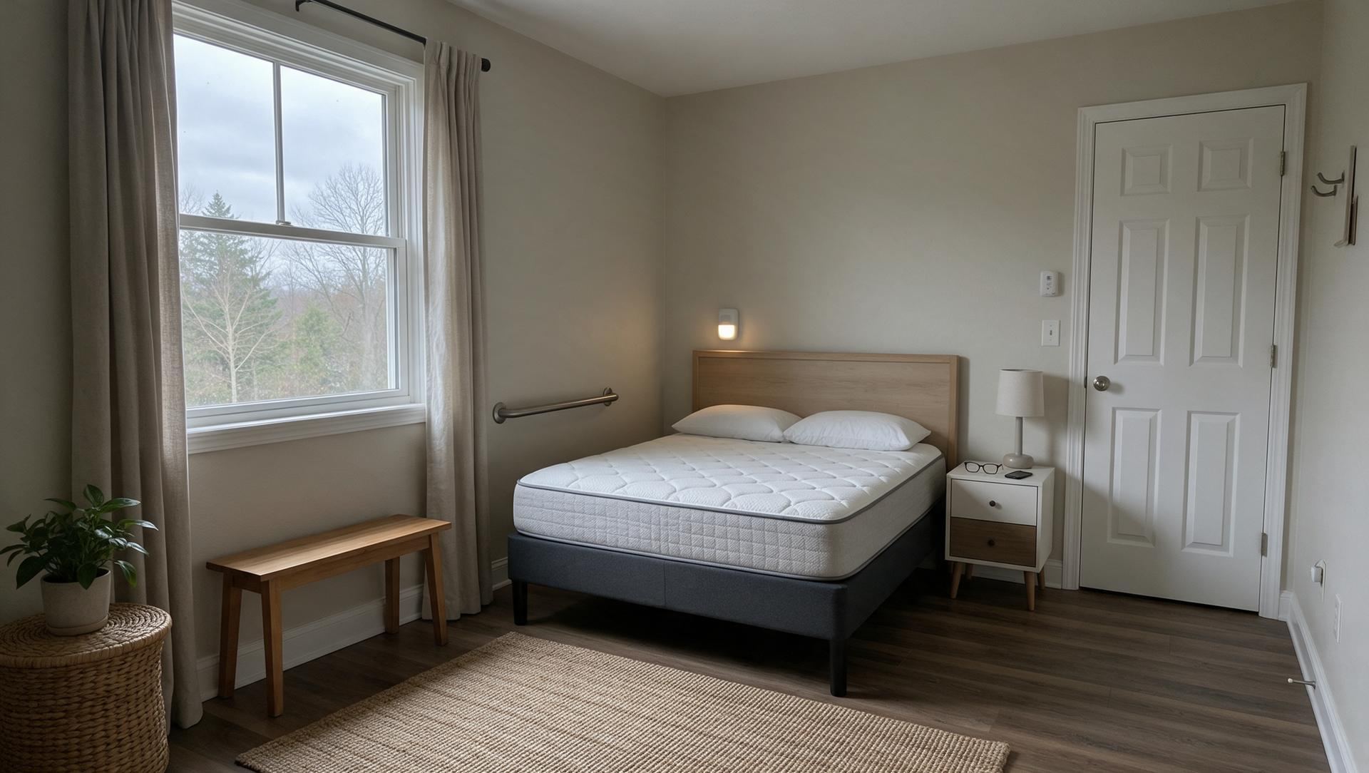 A tidy bedroom set up for aging in place, with a grab bar by the bed, a low night light and a clear path to the bathroom