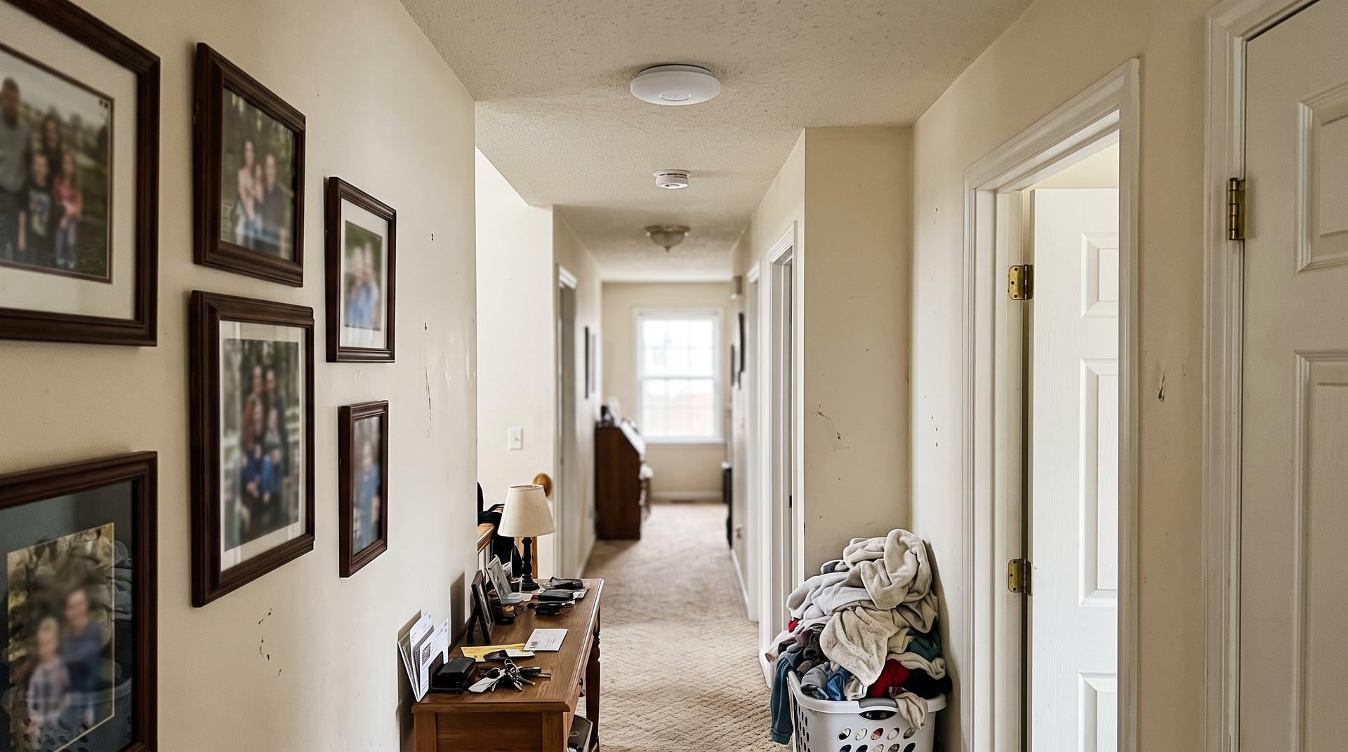 A white Wi-Fi access point on the hallway ceiling of a lived-in home, with framed family photos along the wall