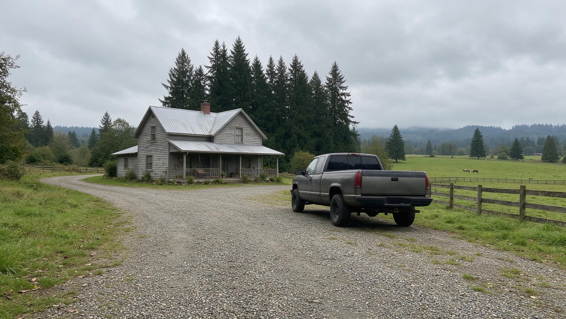 A gray farmhouse with a metal roof, a gravel drive and a fenced field outside Auburn on a cloudy day