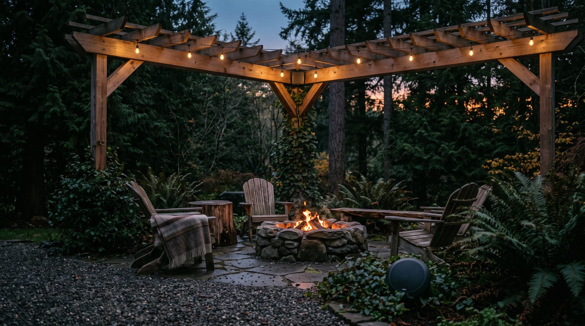 A backyard with a fire pit and string lights and small landscape speakers and a discreet access point on a pergola at dusk