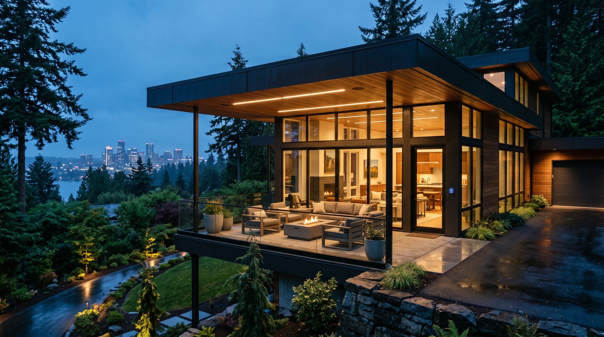 A contemporary Bellevue hillside home at blue hour with a lit covered terrace and the downtown skyline in the distance