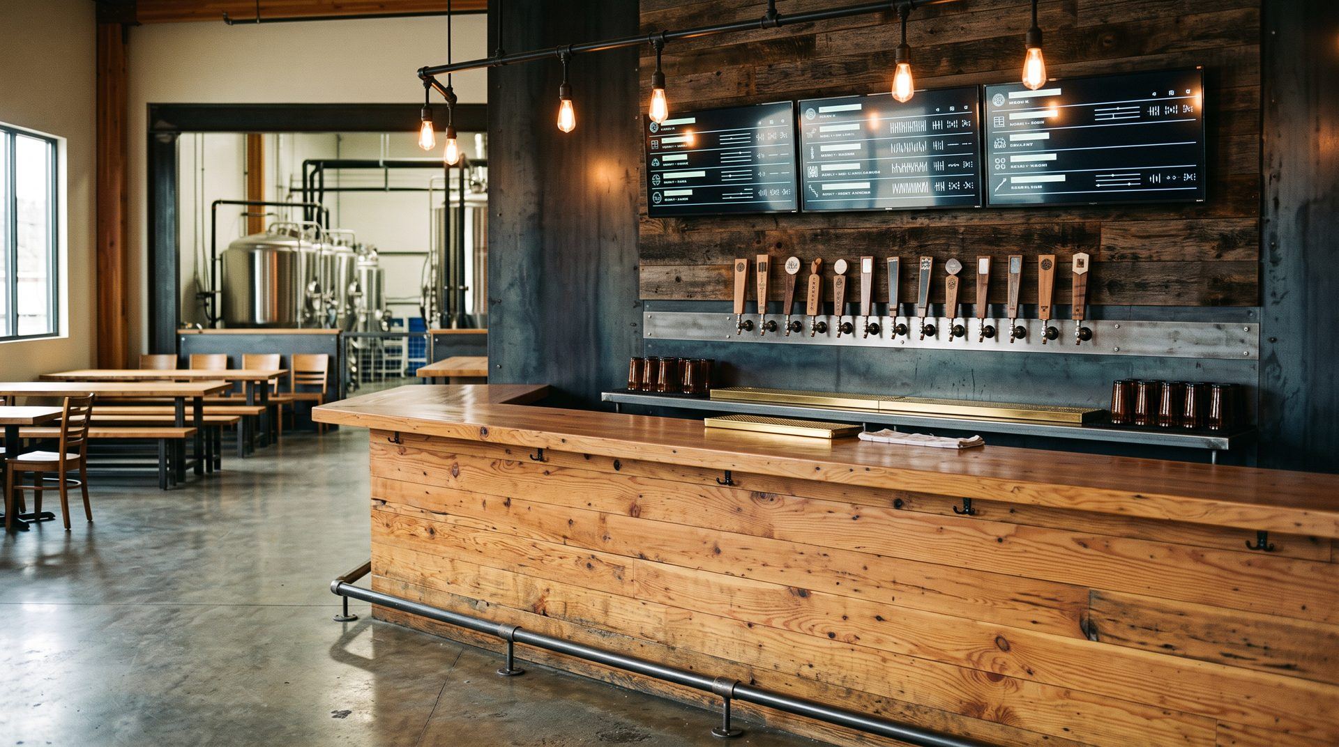 Three digital menu board displays above the tap handles in an empty Pacific Northwest brewery taproom