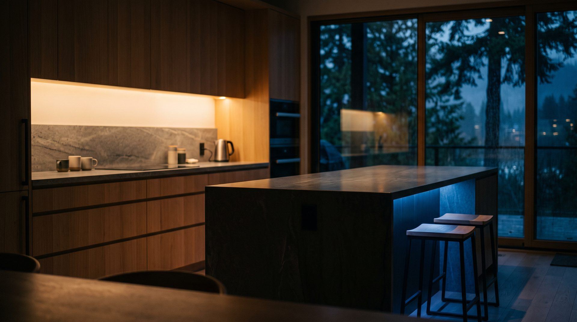 A dark wood kitchen at dusk with warm under-cabinet light and blue light glowing beneath the island