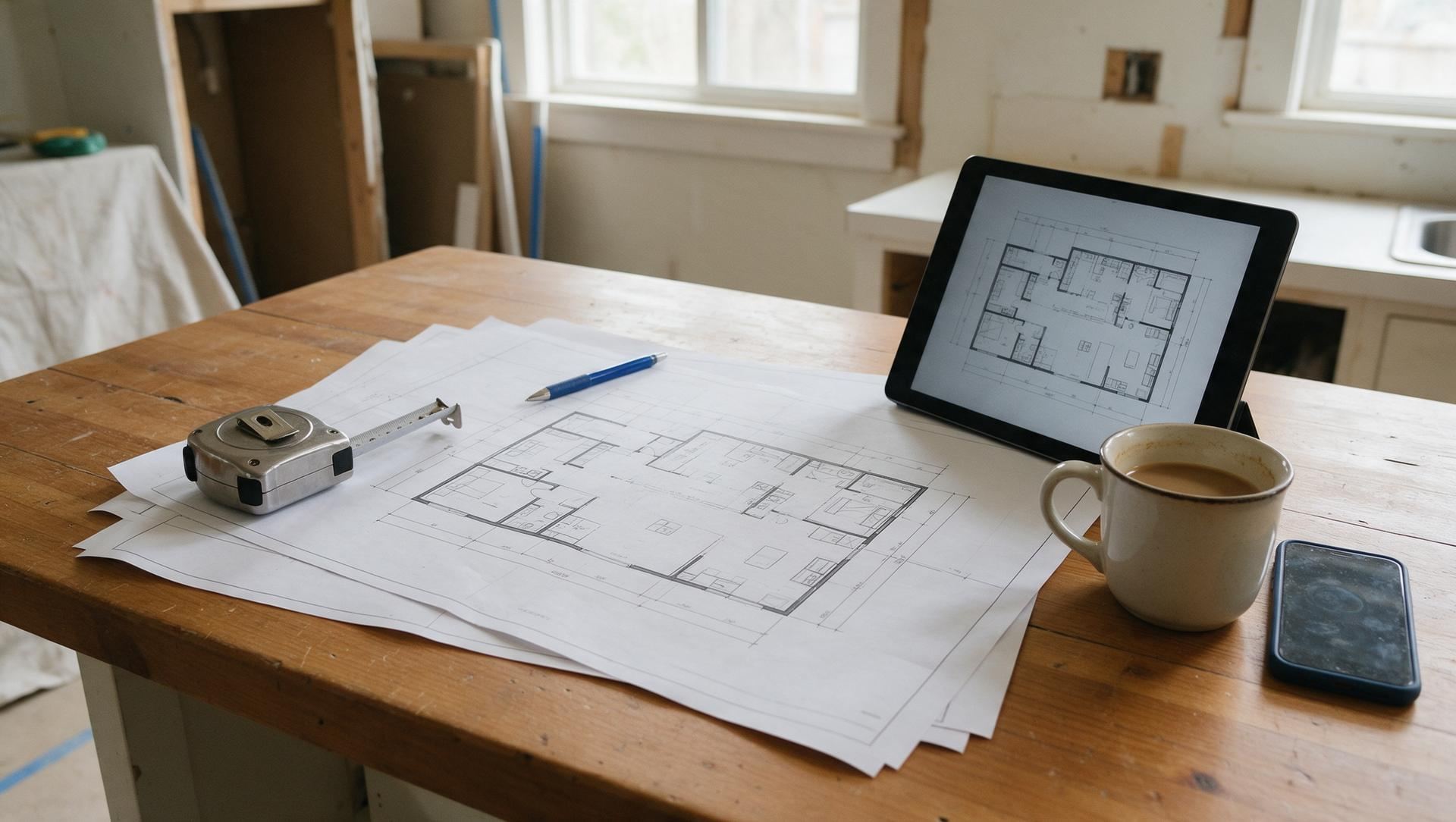 Printed floor plans, a tape measure, a tablet and a coffee mug on a kitchen table in a home being remodeled