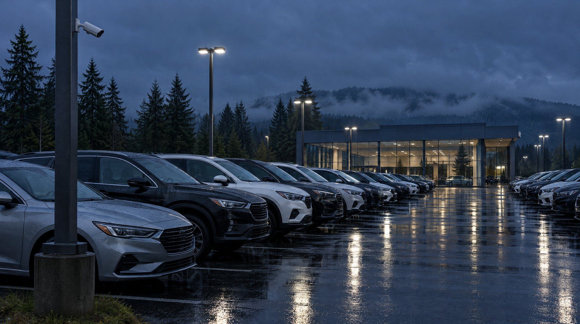 A dealership inventory lot at dusk in the rain, rows of new cars on wet asphalt, a security camera on a light pole and a closed showroom behind