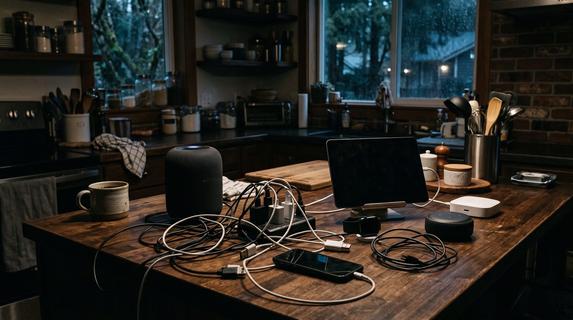 A kitchen counter cluttered with consumer smart gadgets and tangled cables and plugs