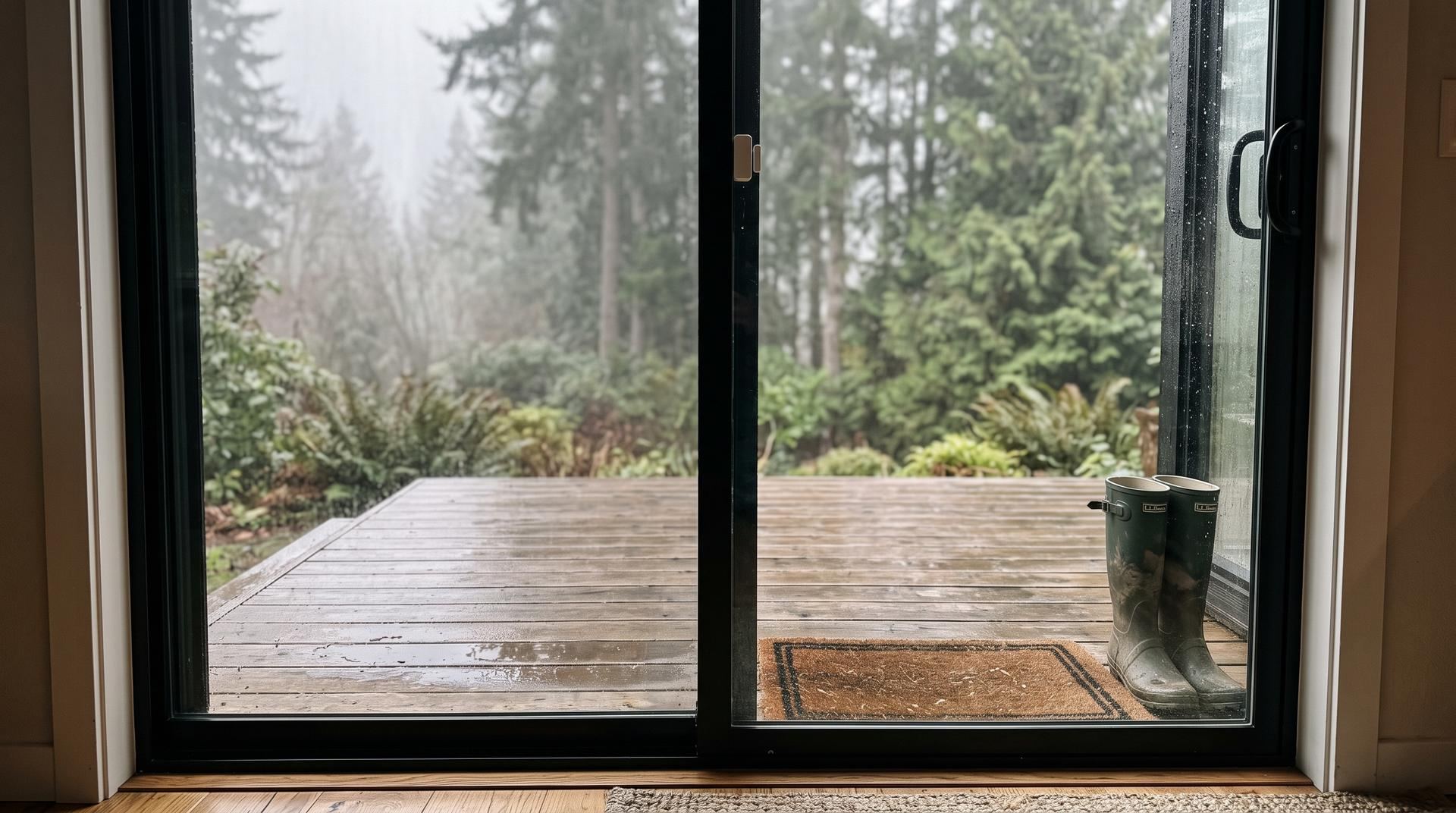 A small white contact sensor on the frame of a glass patio door, with a wet deck and fir trees outside