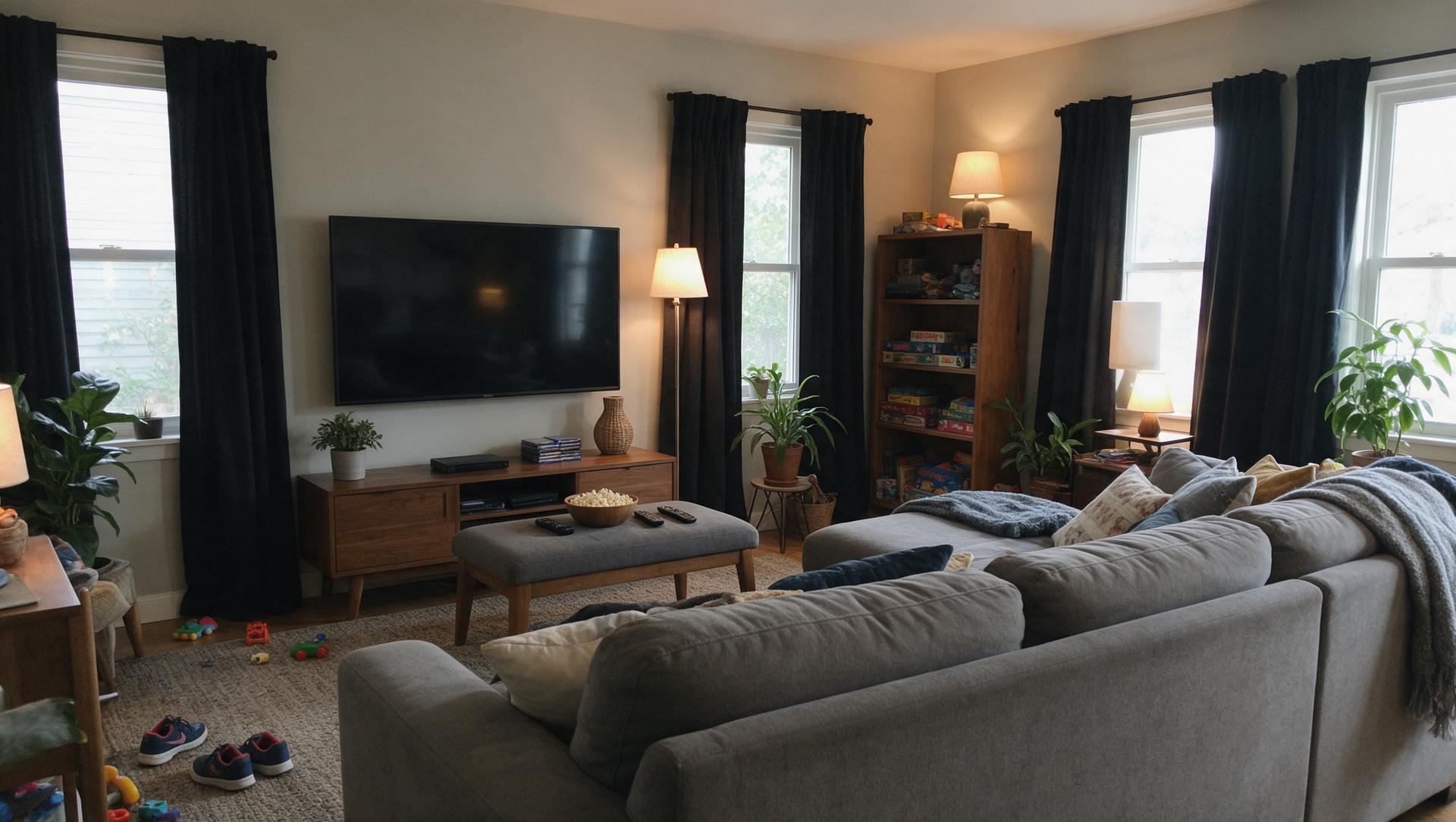 A family media room in the evening: a gray sectional facing a wall-mounted TV, popcorn and remotes on the ottoman