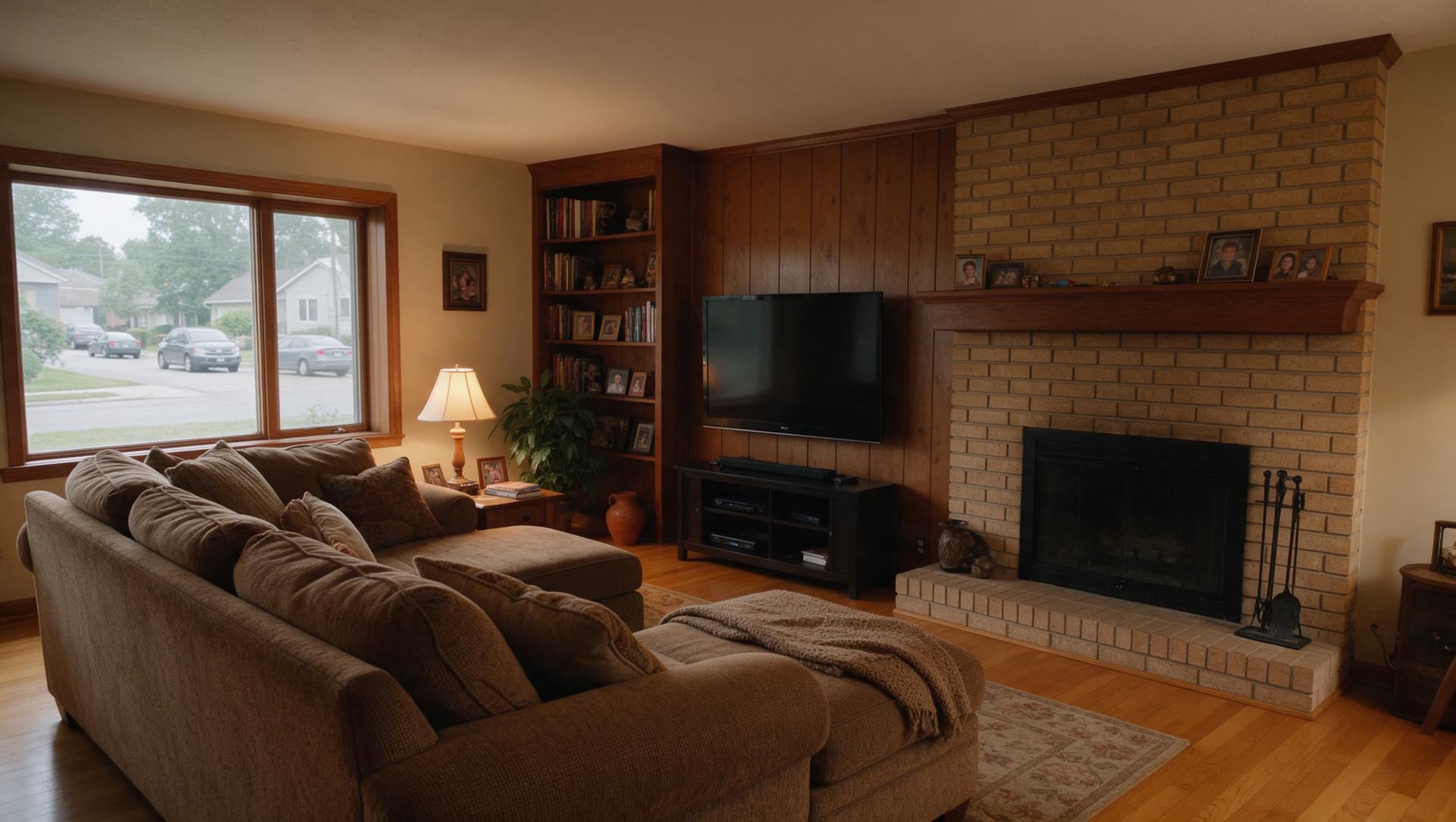A split-level living room in Federal Way with a brick fireplace, a wall-mounted TV, a lit table lamp and a window onto the street