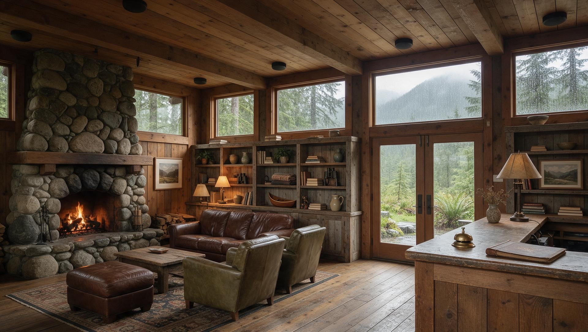 A dim rustic lodge lobby with round ceiling speakers, a wood shelving wall, leather chairs, a fern and a rainy window