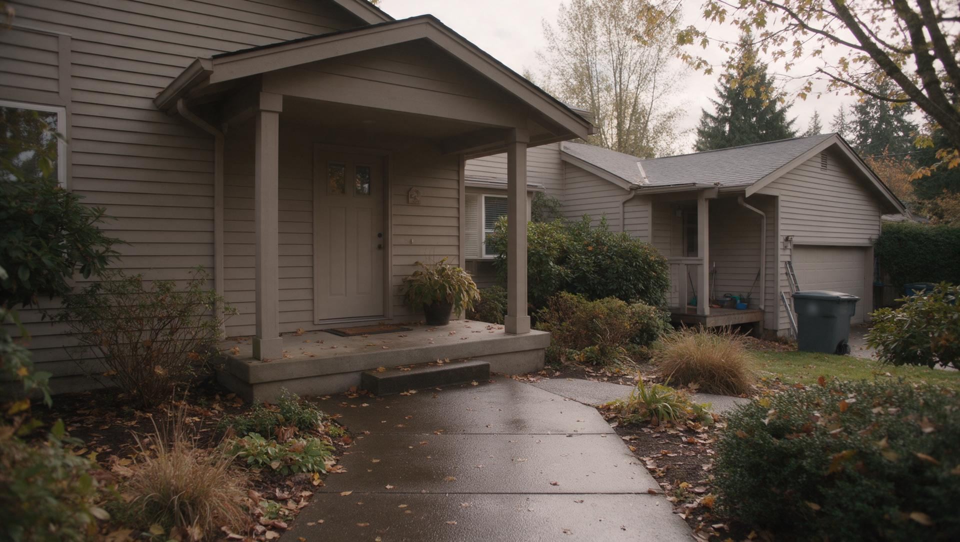 The covered front porch of a Pacific Northwest house on a wet October day, fallen leaves on the concrete walk