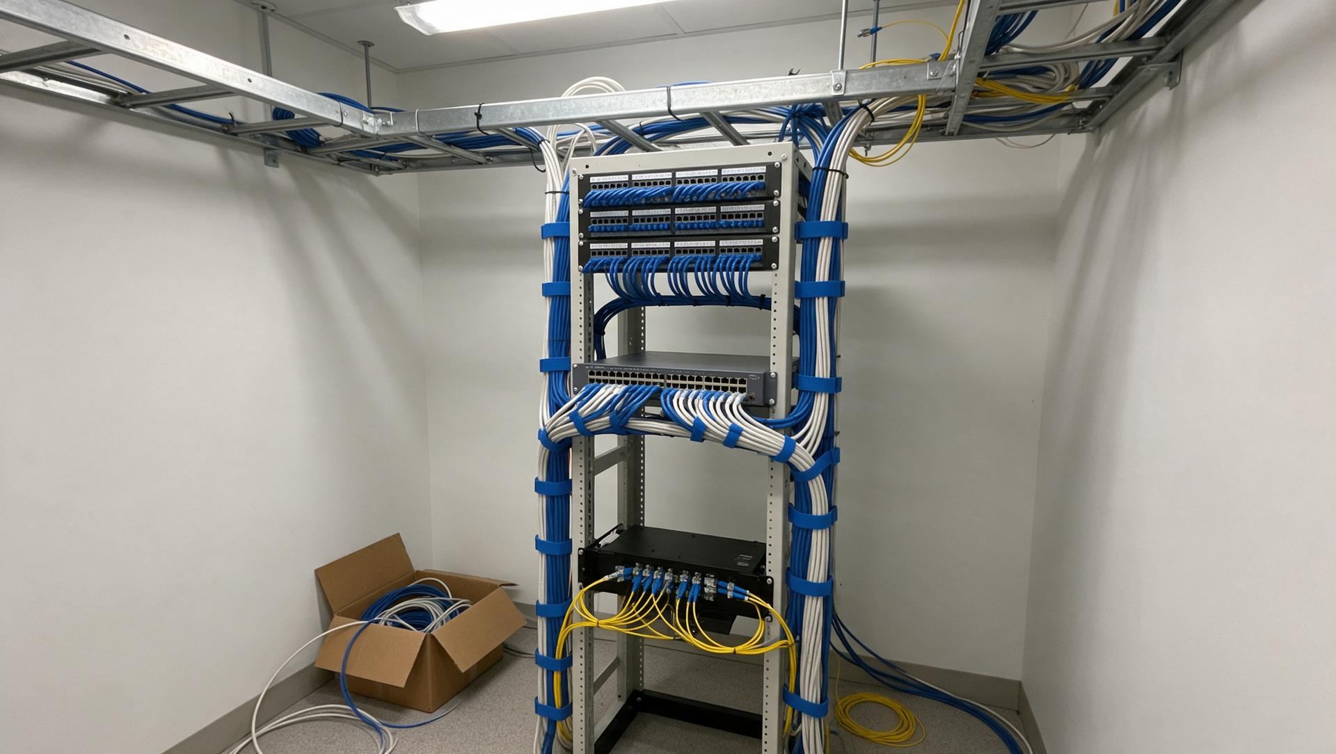 A new network rack in an office closet with blue patch cables dressed in bundles, a switch and a cable tray overhead
