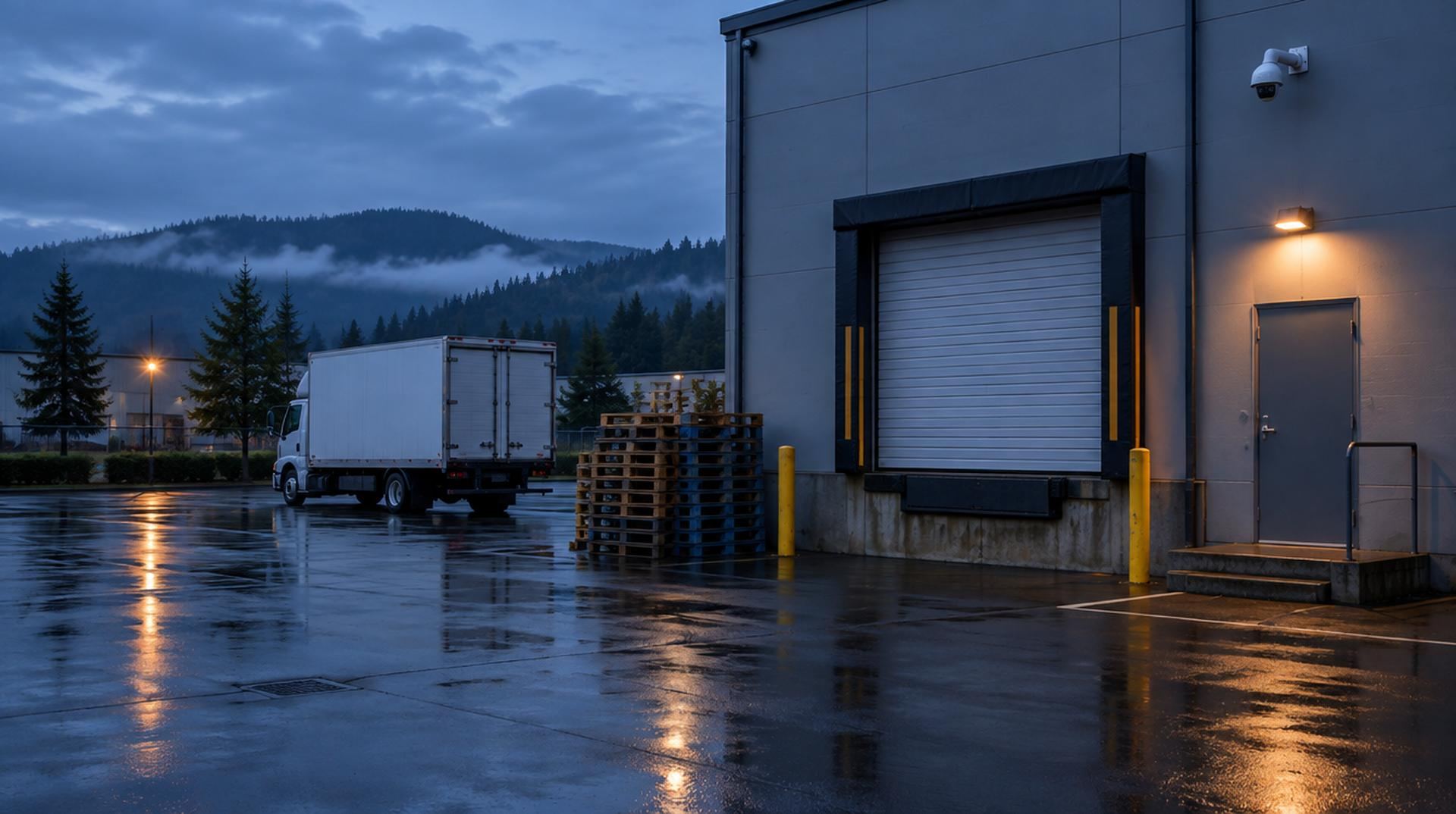 The back of a Kent Valley warehouse at dusk after rain, a closed loading dock door and steel side door under a wall camera and light, pallets and a box truck on wet asphalt