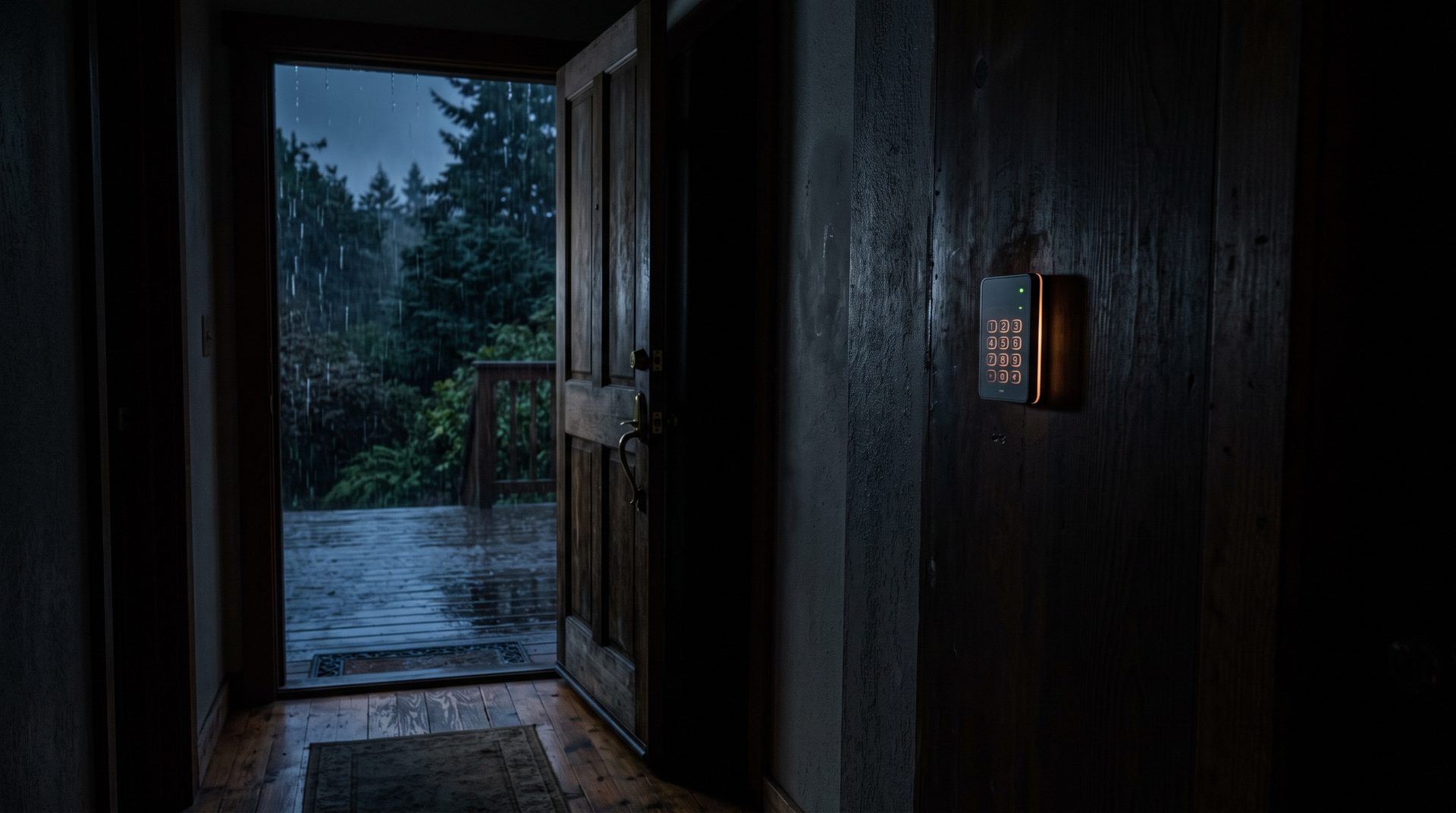 A backlit security keypad on a dark wood wall inside a front door that opens onto a rainy deck and evergreen trees