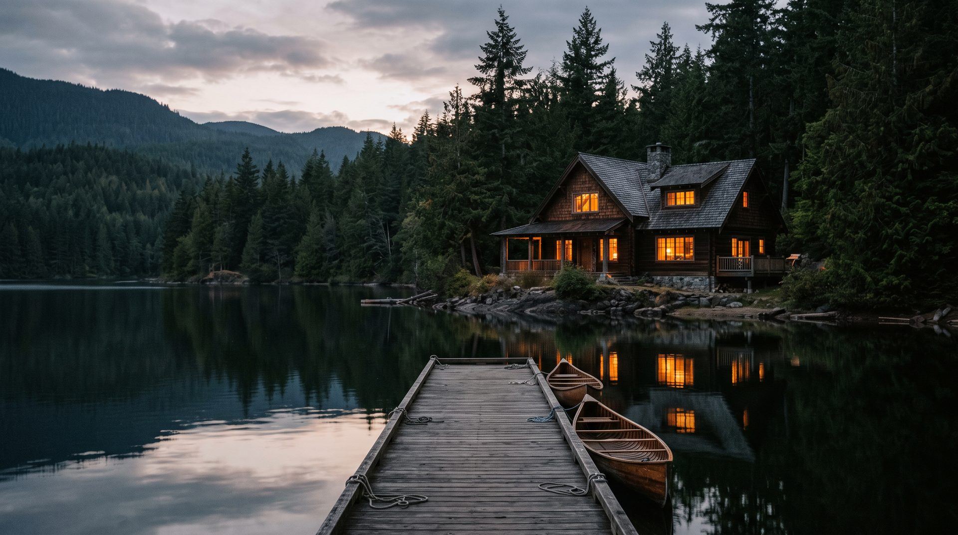 A lakeside home at evening on a calm lake with a dock and warm windows