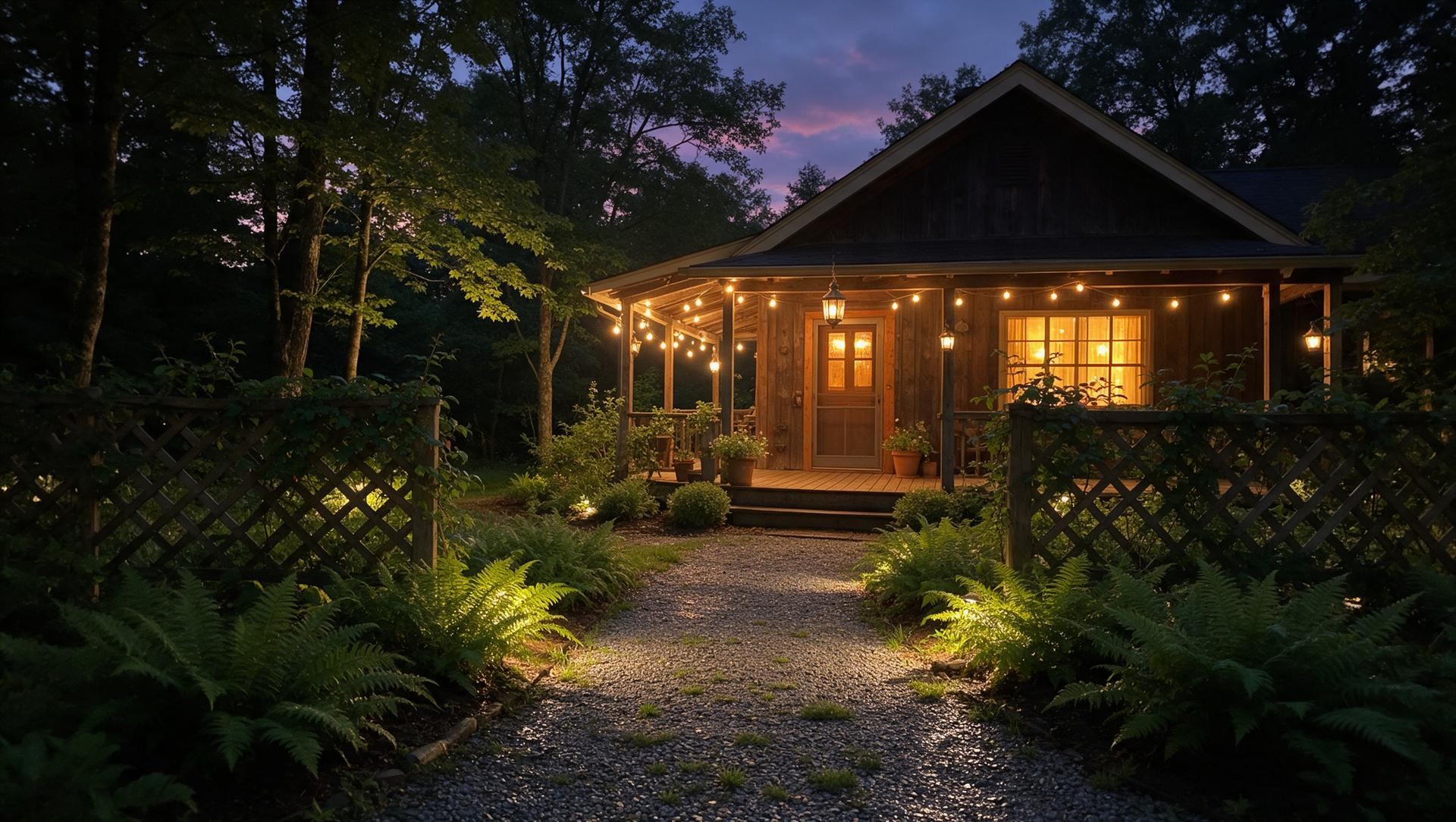 A wood-sided house in the evening with low path lights glowing along a gravel path through ferns