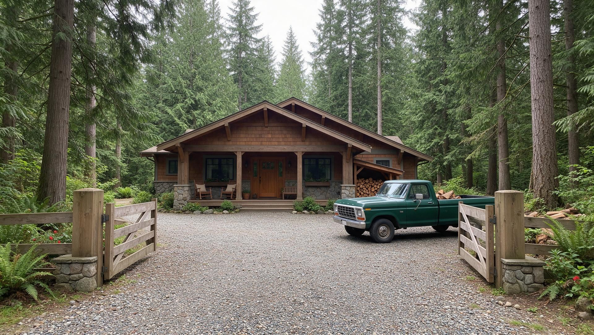 A gravel driveway through an open farm gate to a Craftsman home in tall evergreen forest near Maple Valley