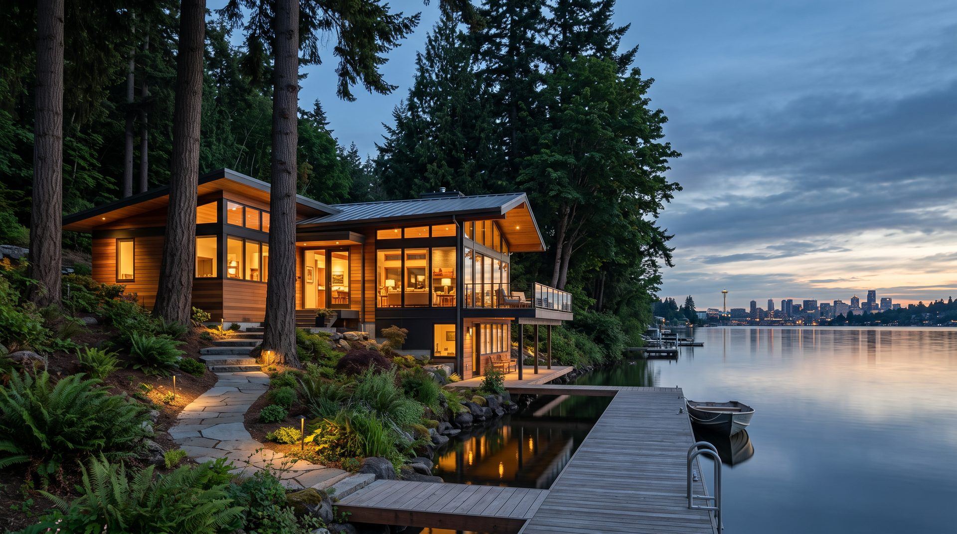 A Northwest waterfront home on Mercer Island at dusk with a lit dock and the Seattle skyline across Lake Washington