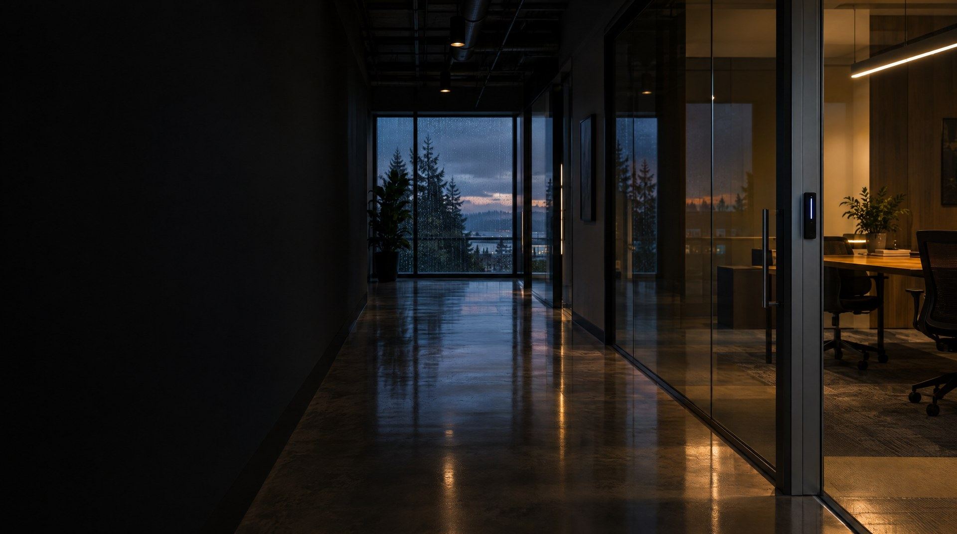 A glass office suite door in a dim corridor in the evening, with a small card reader mounted on the frame and a warm light inside the suite