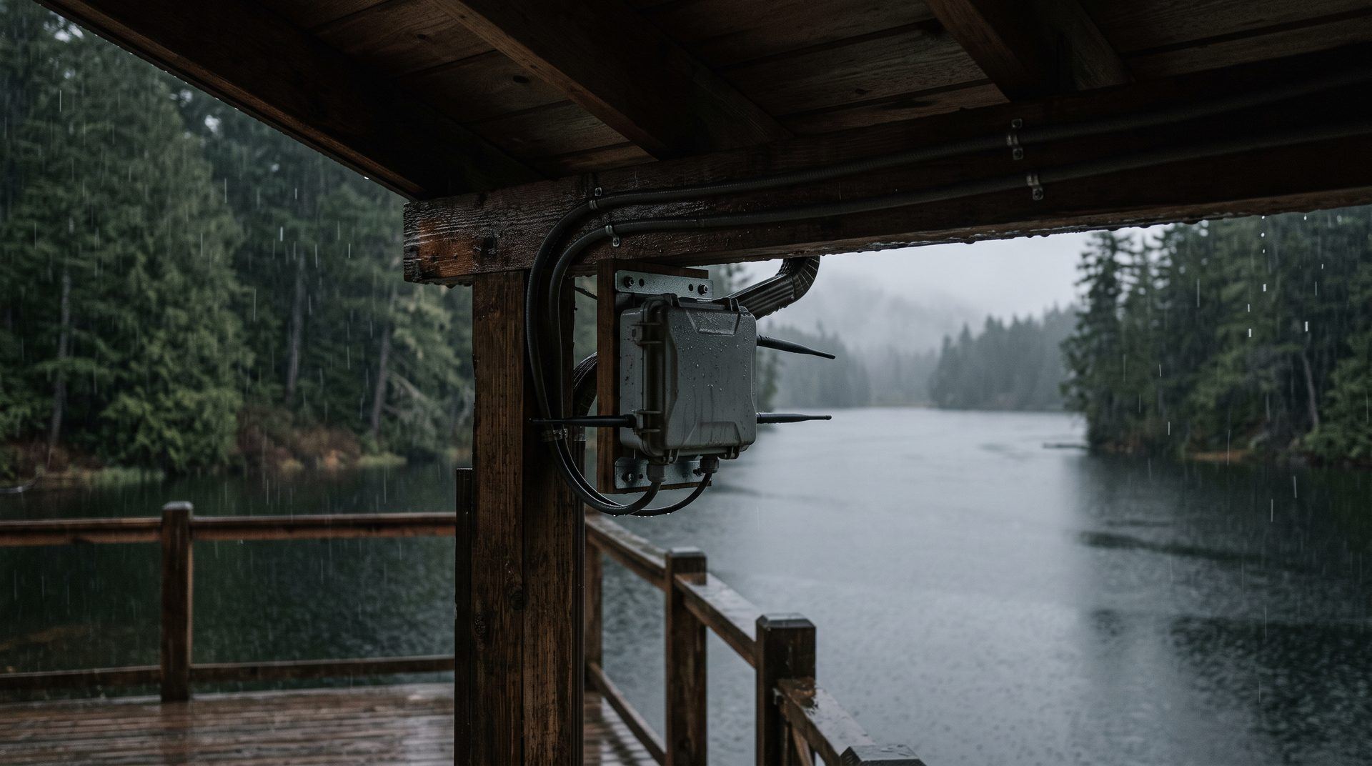 An outdoor wireless access point in a weatherproof enclosure mounted on a covered deck post above a lake in heavy rain