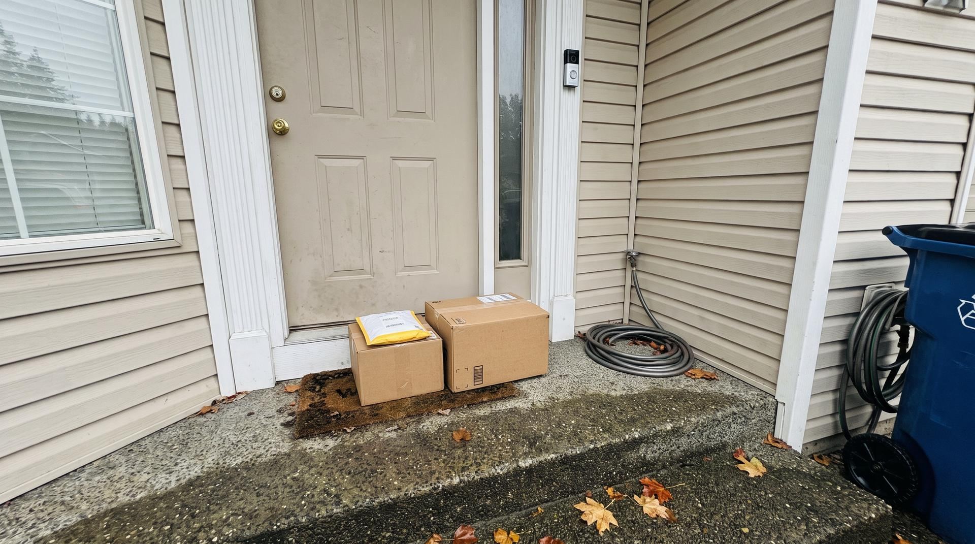 Two delivery boxes and a padded mailer on the doormat of a South Sound home, a video doorbell on the door trim, wet concrete step and fallen maple leaves on an overcast October day