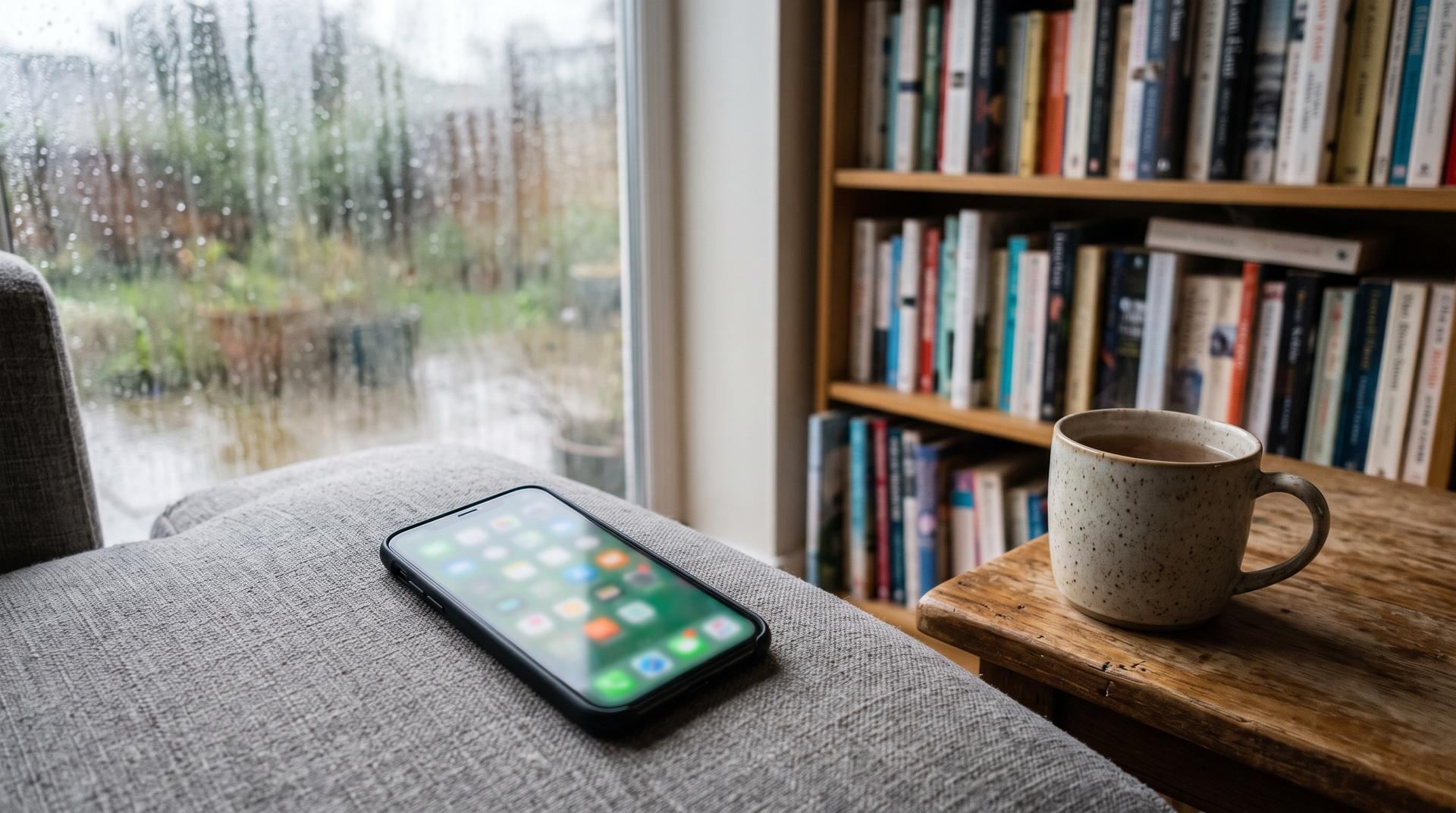 A smartphone on a grey sofa showing a blurred grid of control tiles, with a mug and a rainy window nearby