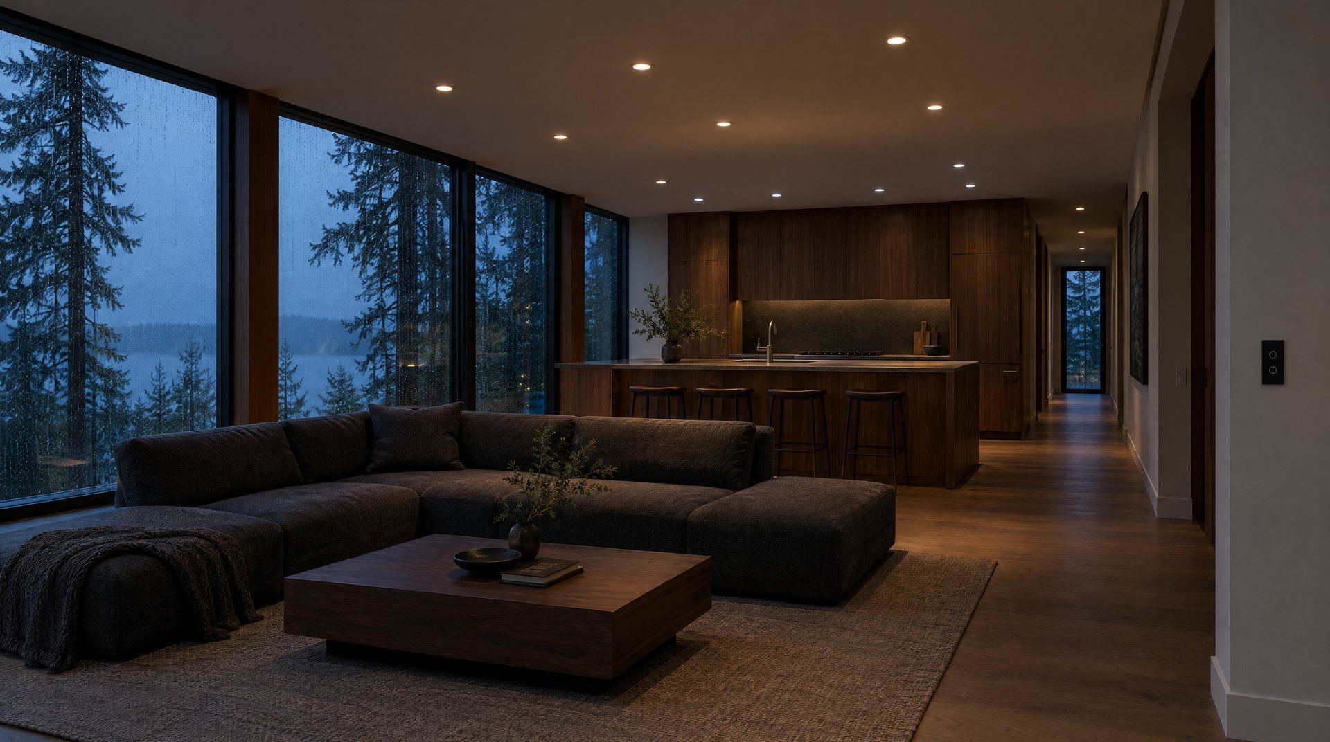 An open living room and kitchen at dusk in the rain, rows of small recessed lights in warm and cool white, and a slim black wall switch by the hallway