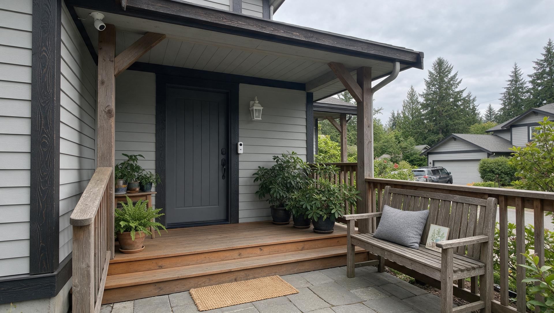 A front porch with a video doorbell by the door, a small camera under the eave and a porch light