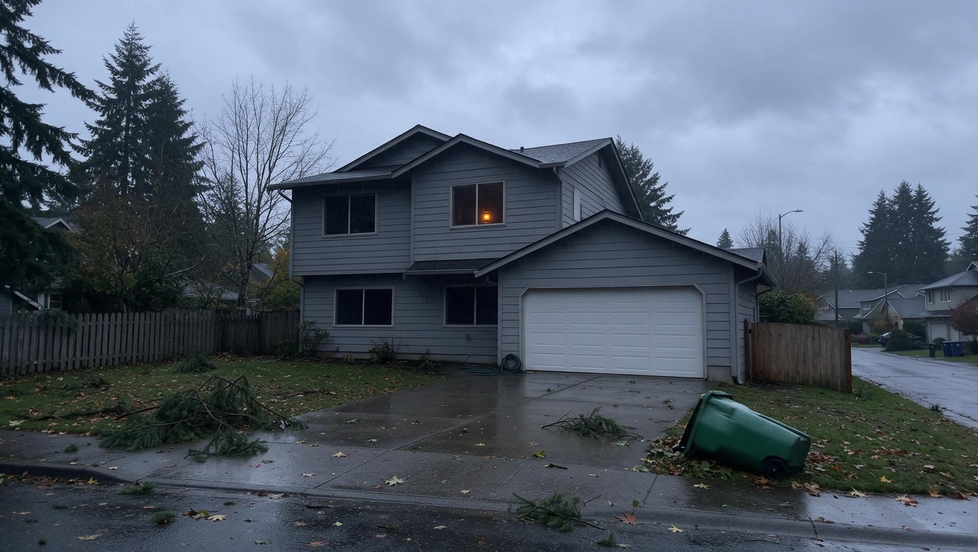 A grey two-story house on a wet suburban street at dusk during a power outage, the neighbouring houses and streetlights dark, fir branches down on the pavement and a yard waste bin tipped over, with a small lantern glowing in one upstairs window.