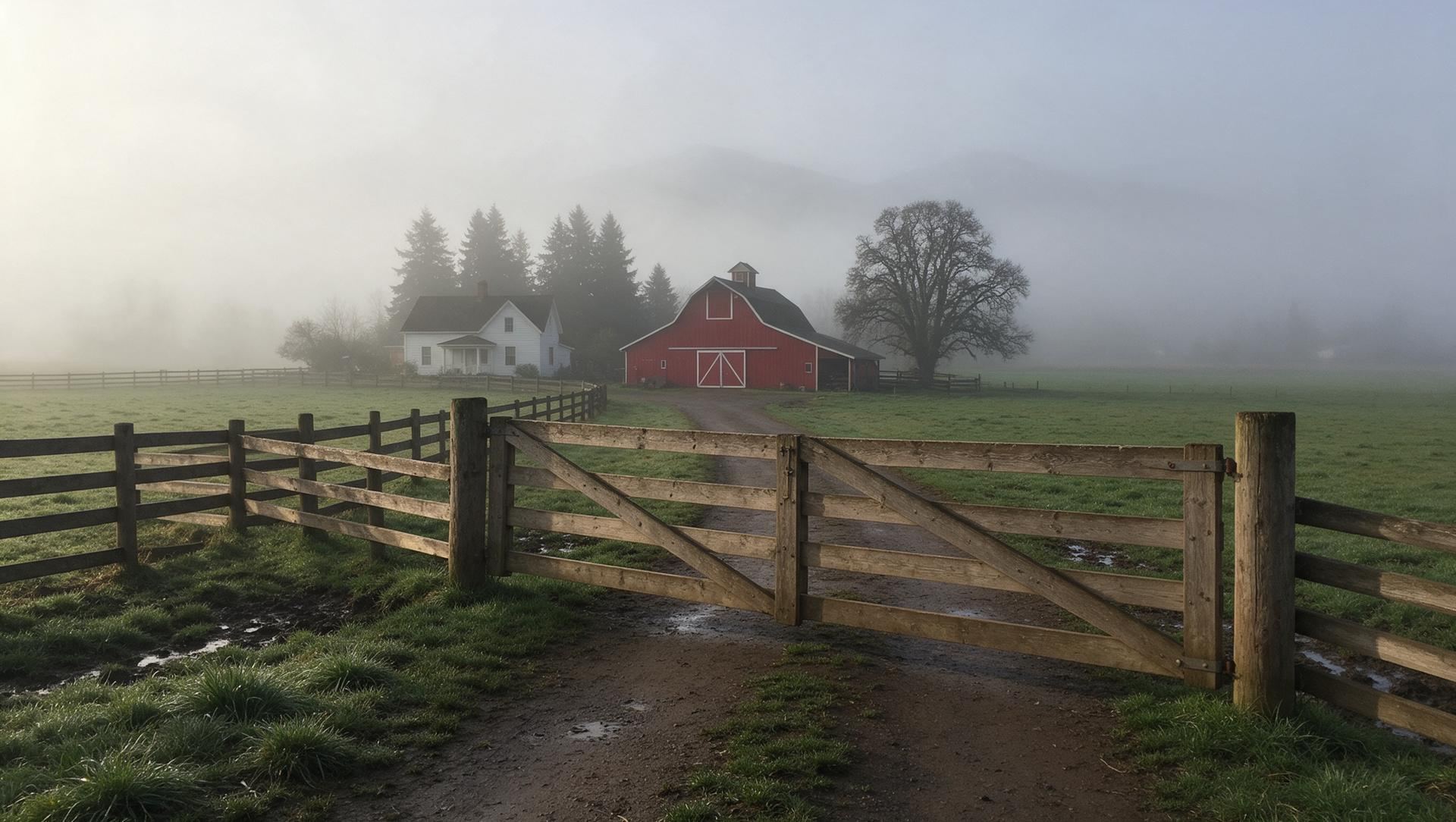 A farm gate on a dirt lane leading to a farmhouse and red barn near Sumner on a foggy morning