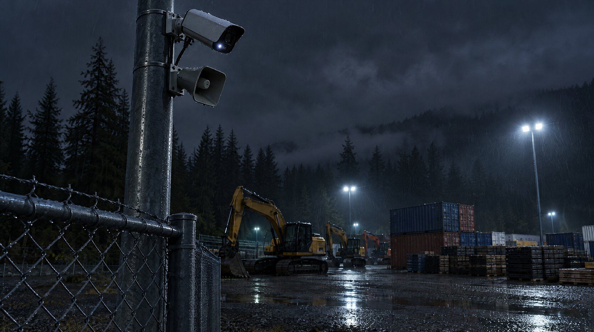 A steel pole at the corner of a fenced equipment yard at night in the rain, with a security camera and a small horn speaker aimed into the yard