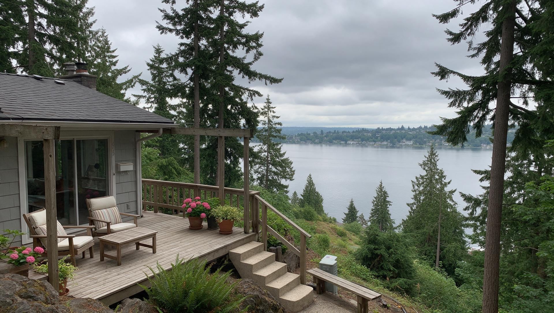 A hillside home in Renton with a deck among evergreens and a view of Lake Washington