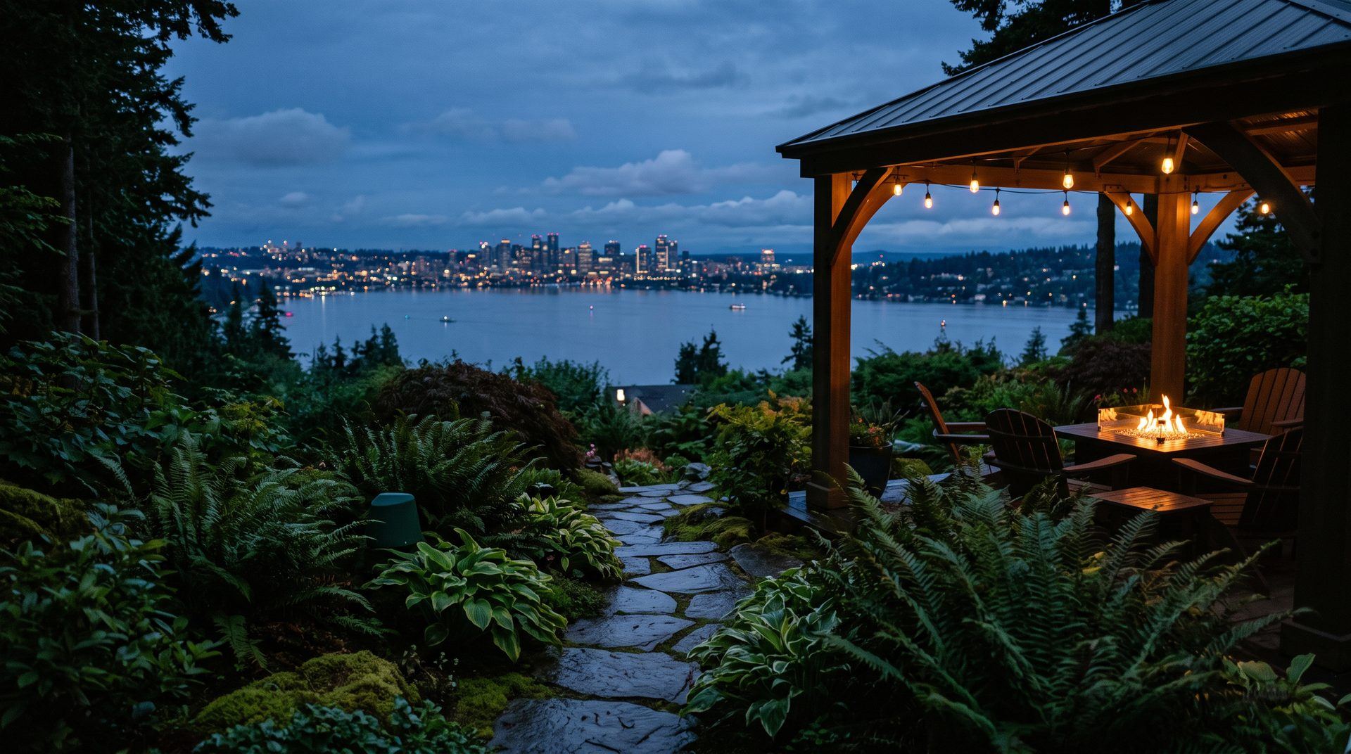 Seattle hillside backyard at dusk with landscape speakers along a stone path and the lake below