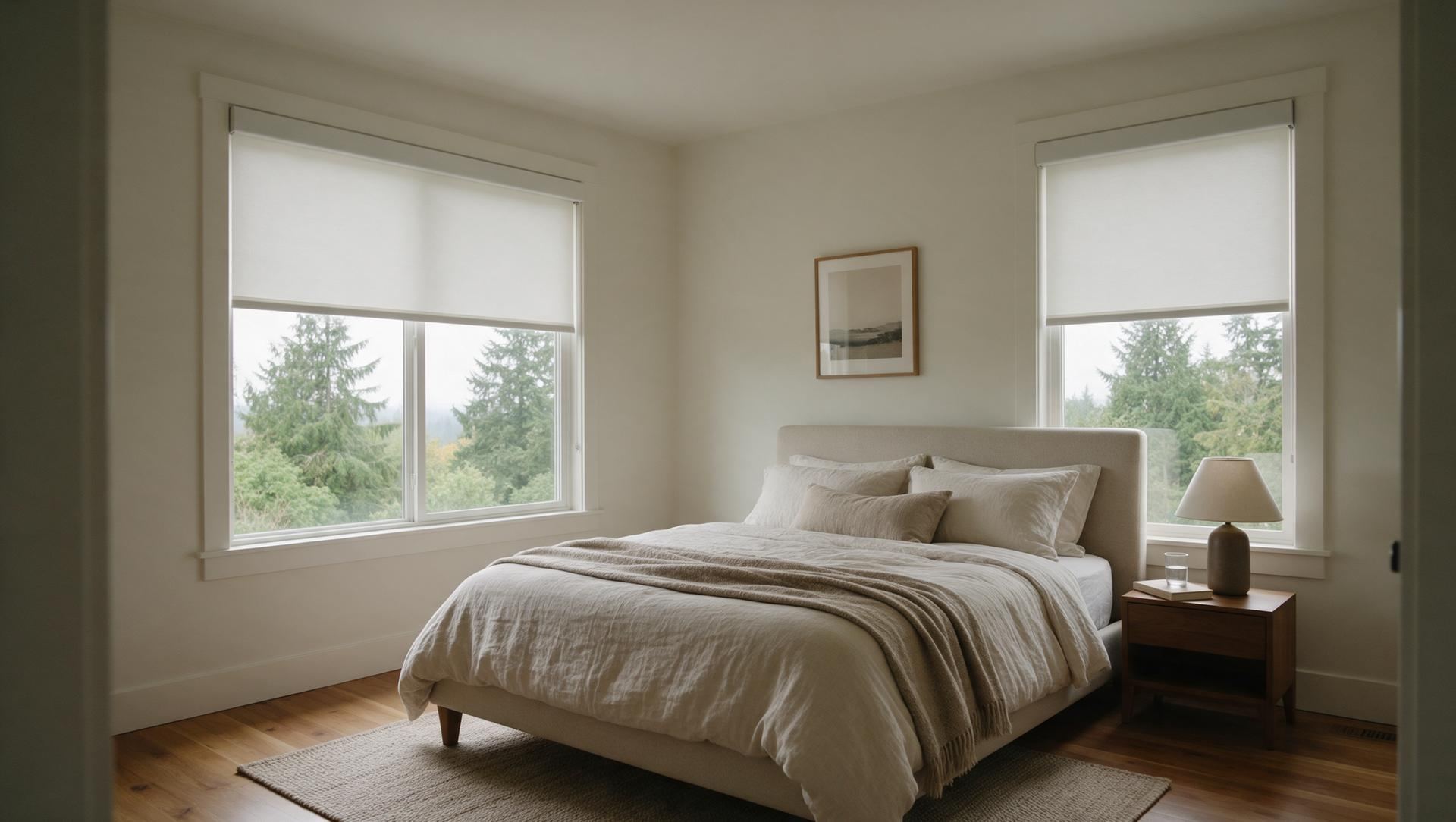 White motorized roller shades half raised over two tall windows in a calm bedroom on an overcast morning, with evergreen trees outside