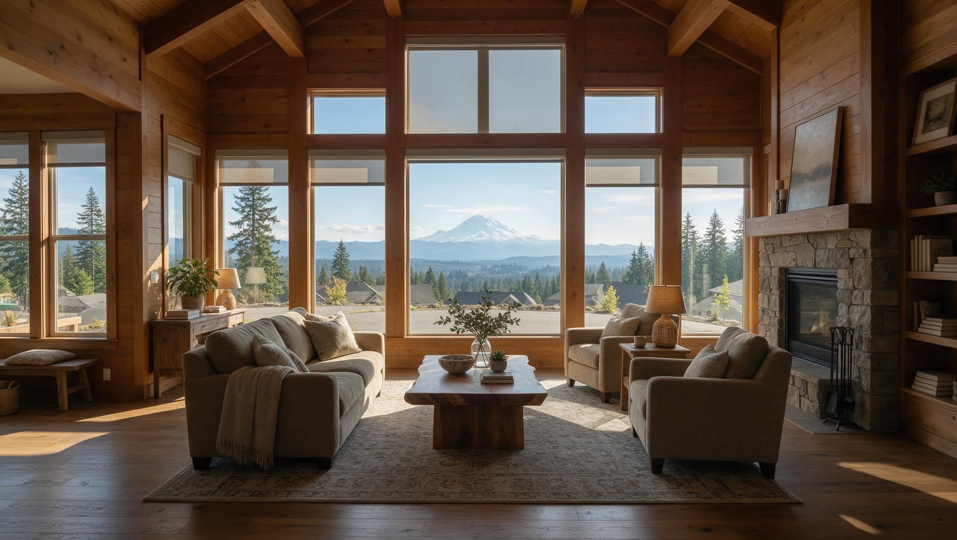 A great room with motorized shades partly lowered over tall windows and Mount Rainier in the distance