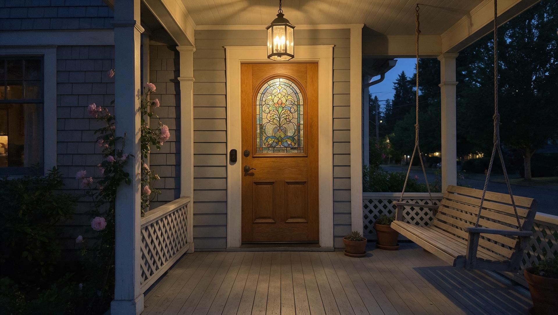 A historic Tacoma porch in early evening with a stained glass door, a lit lantern and a keypad deadbolt