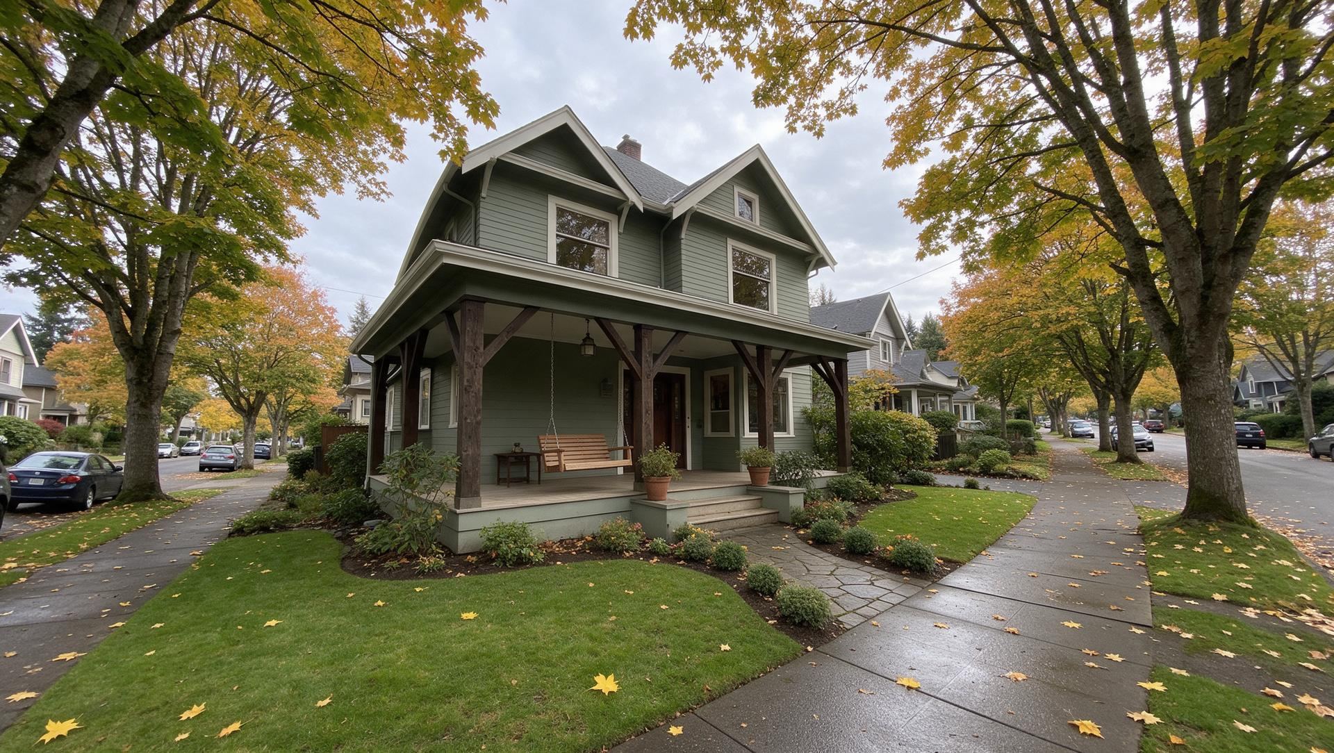 A craftsman foursquare with a deep front porch on a tree-lined street in Tacoma's North End, wet sidewalk and yellow maple leaves on an overcast autumn day