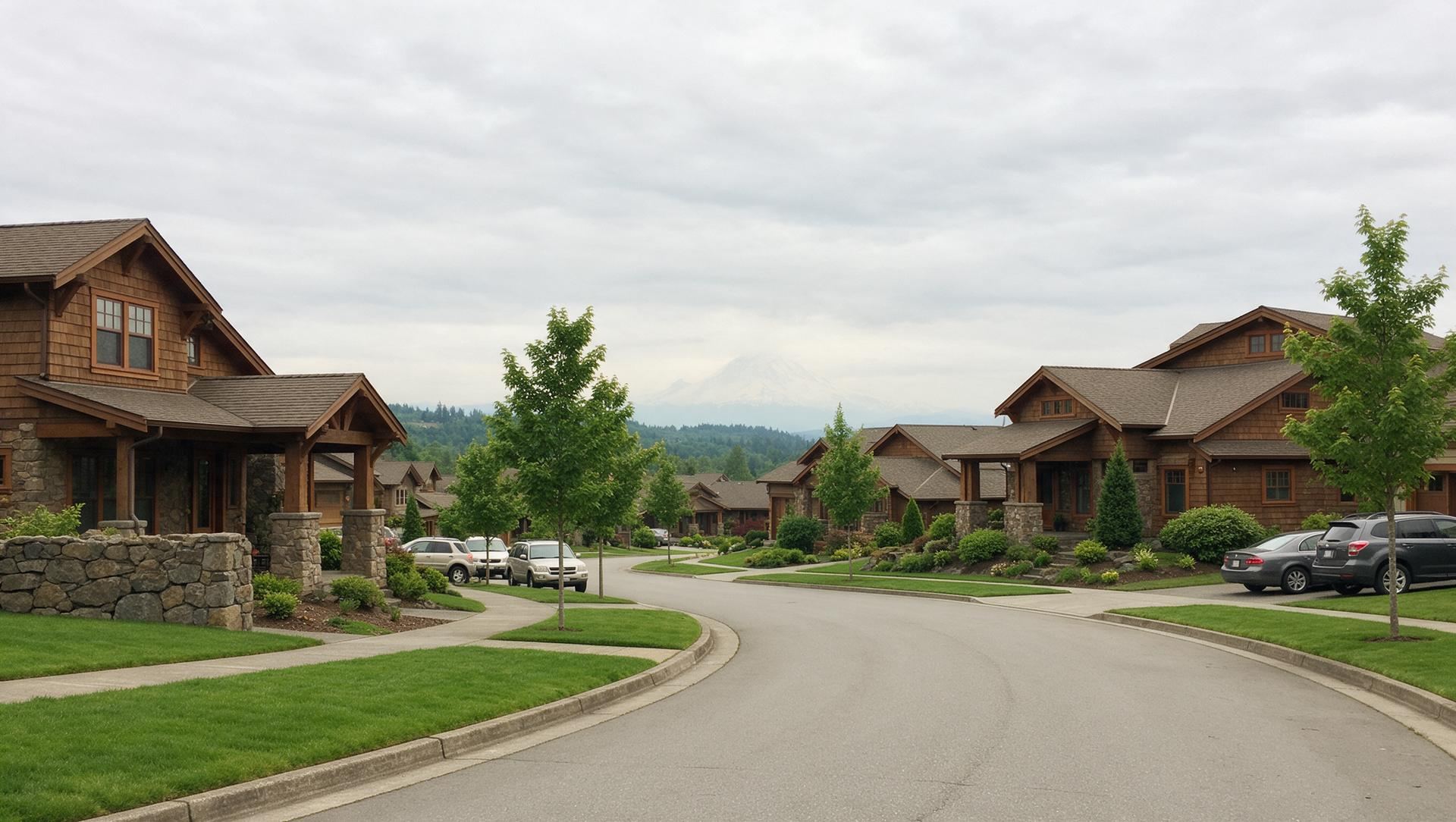 A curving street of Craftsman-style homes in Tehaleh with Mount Rainier faint behind