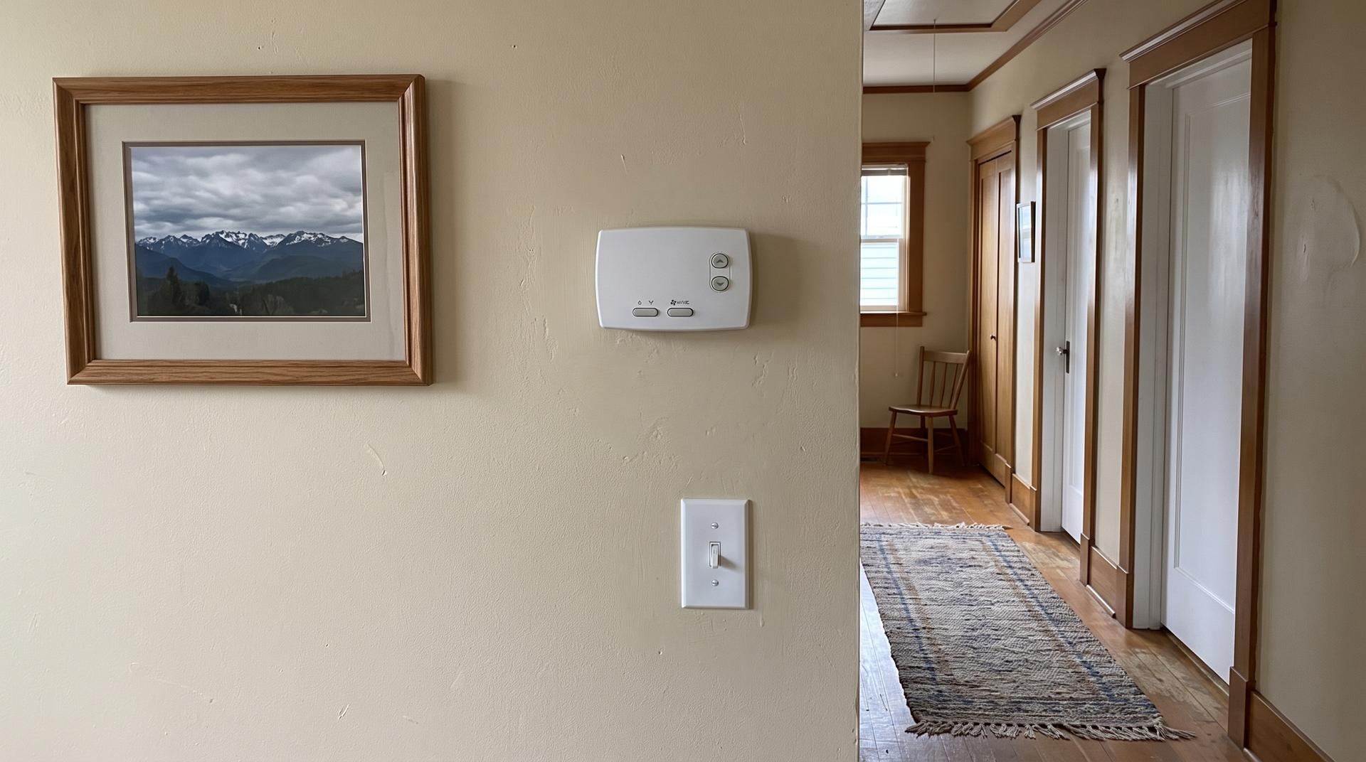 A plain white thermostat on a hallway wall beside a light switch