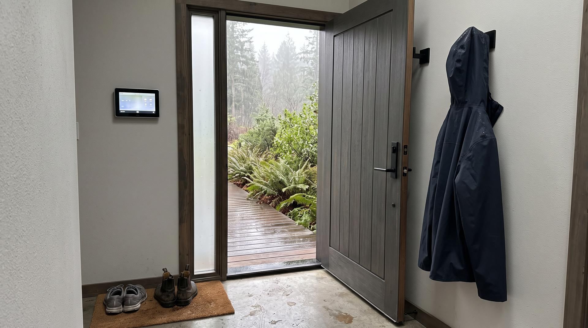 A small touchscreen control panel on the wall beside an open front door, with a rainy front garden outside and shoes on the mat