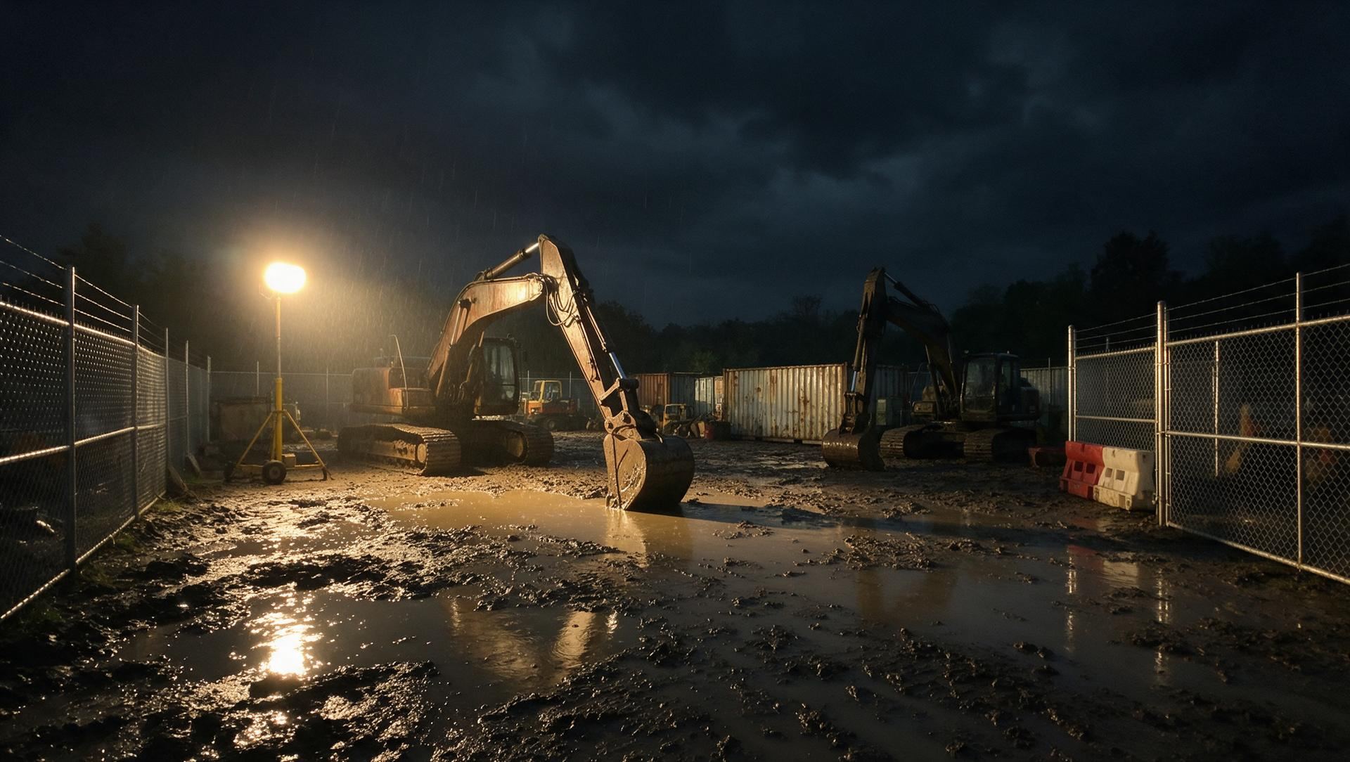 A fenced equipment yard at night in the rain, with excavators and containers under a single work light