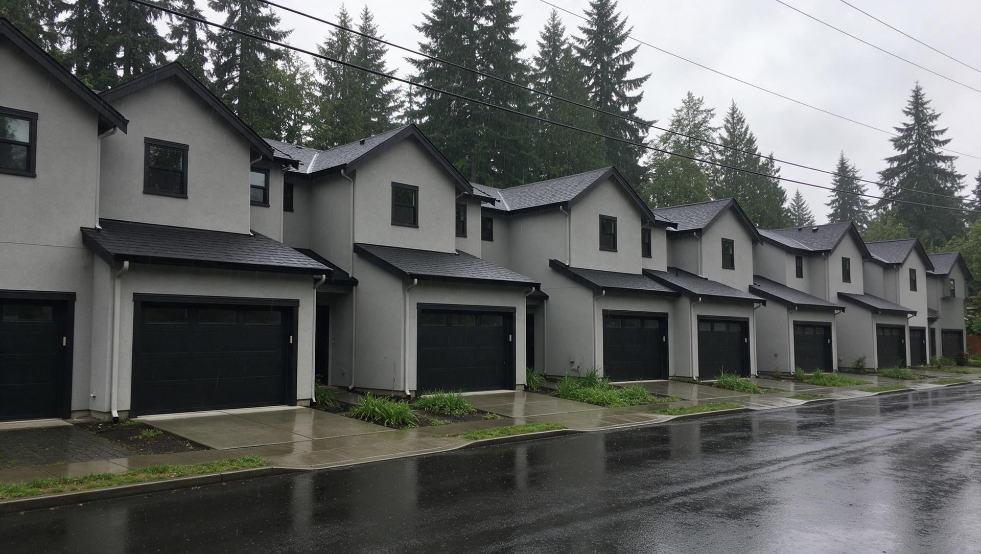 A row of modern townhomes on a rainy street in Tukwila with evergreens and power lines behind