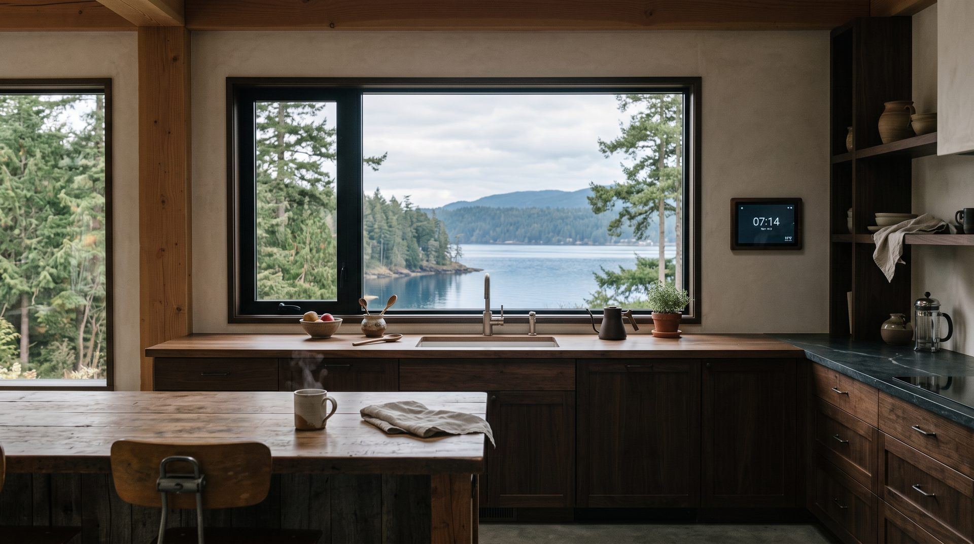 A bright kitchen in the morning with a small wall touchscreen and a view of water through trees