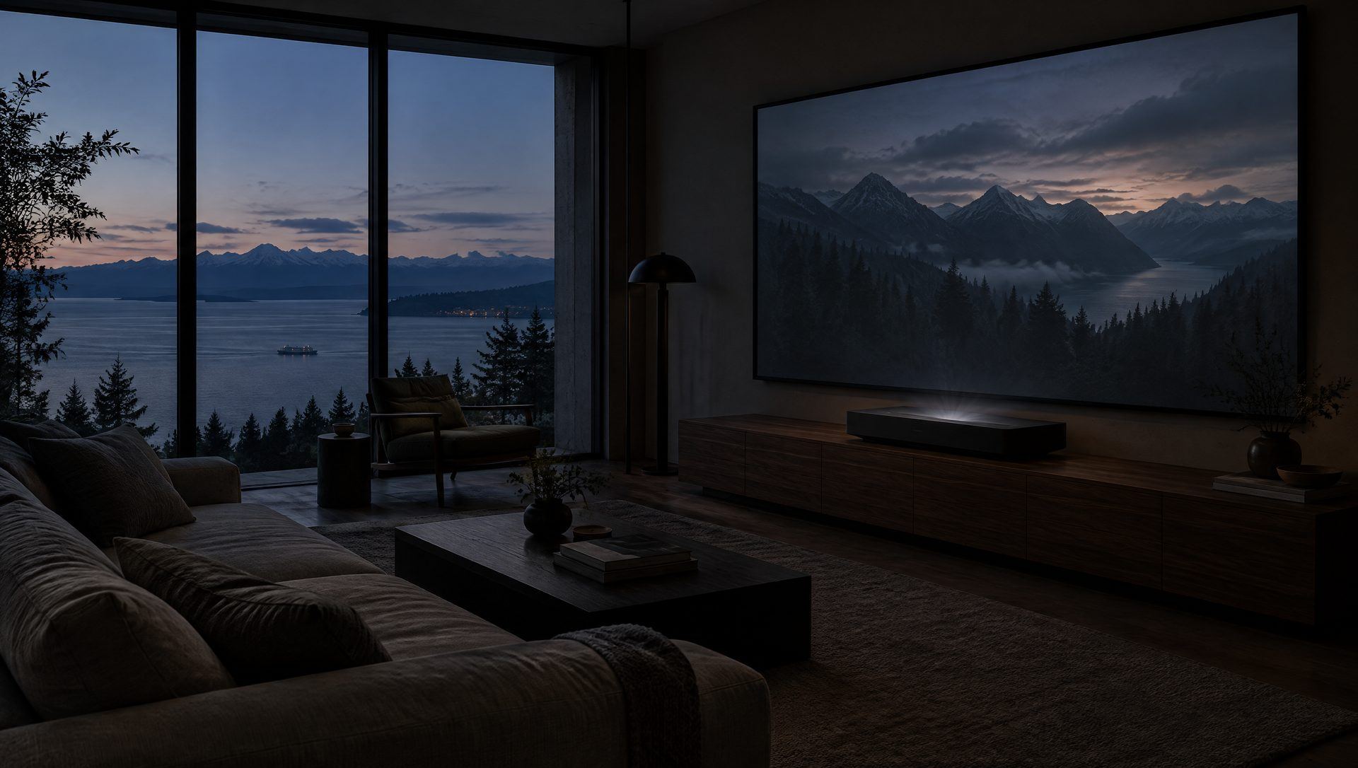 A dim living room with an ultra short throw projector on a low console casting a mountain scene on a wall screen at dusk
