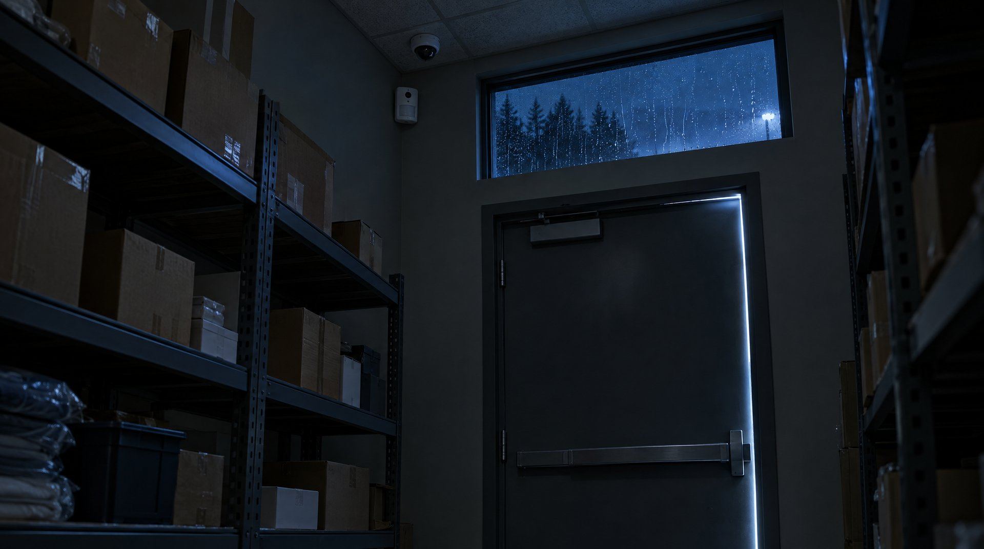 A small business stock room at night, with a motion detector carrying a small camera lens above the rear door and a dome camera on the ceiling