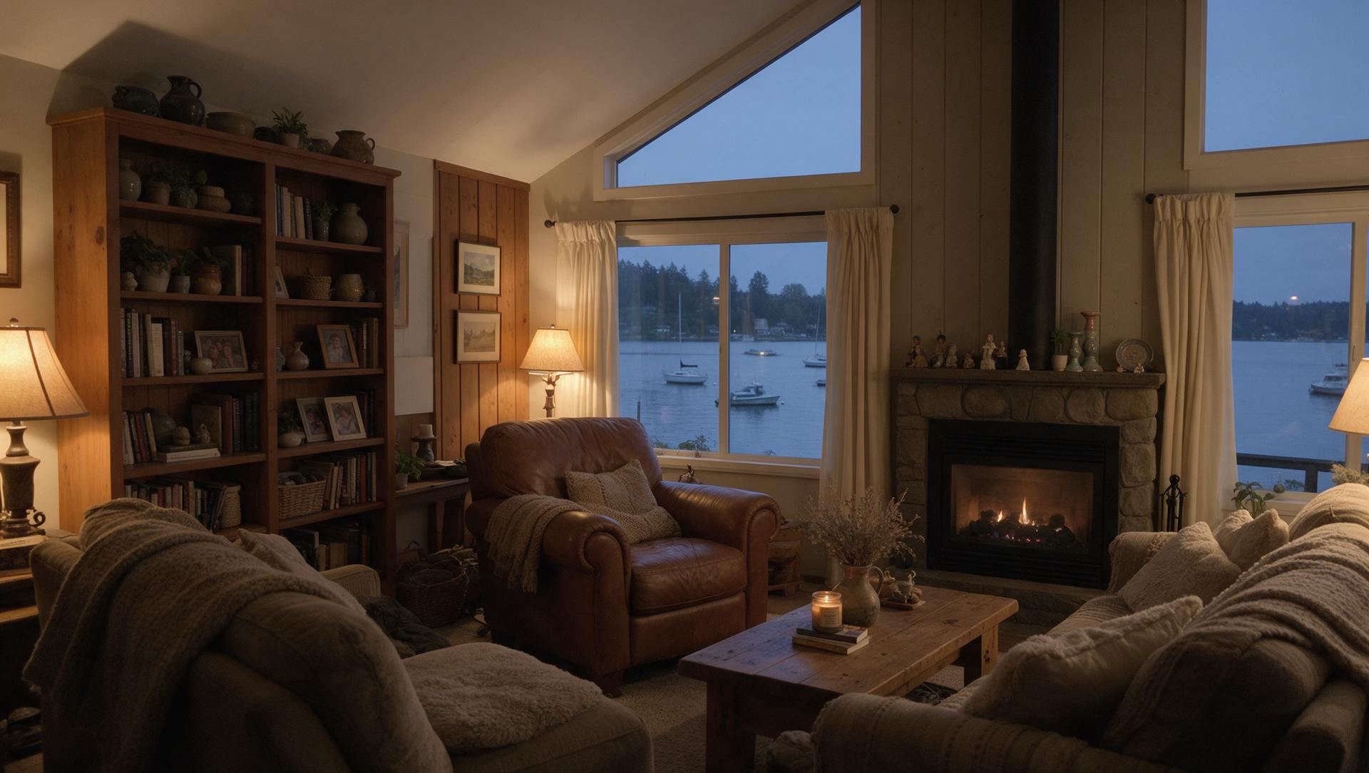 A living room in the evening with warm dimmed lamps, a leather armchair, a fireplace and a window onto the water
