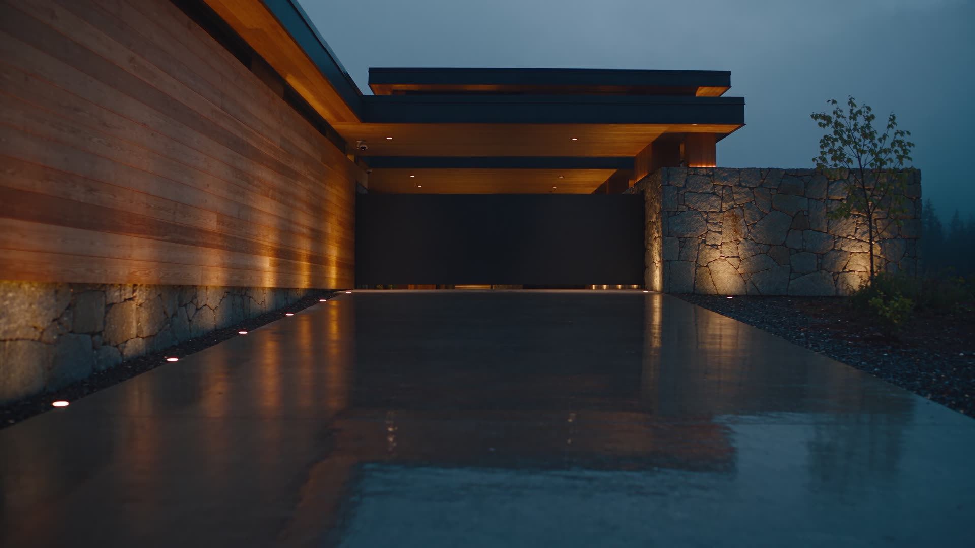 A modern home entry at dusk with cedar siding, a stone wall, low path lights and a small camera under the wide eaves