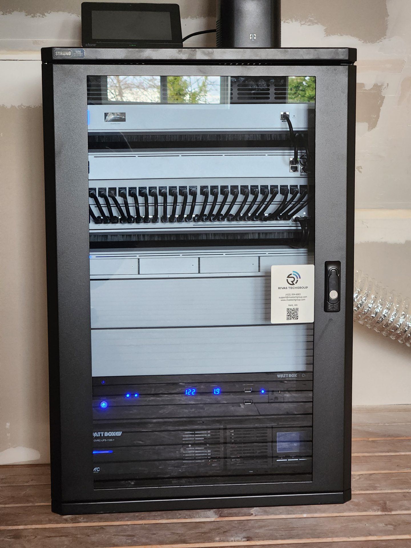 Commercial network rack and cabling installed by Rivas Technology Group