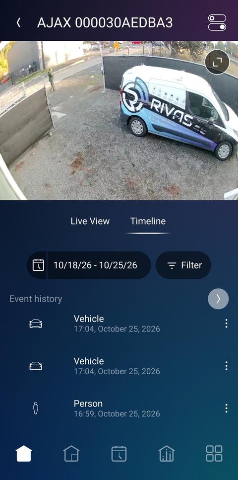 Ajax camera live view and event timeline in the Control4 app, running the Ajax Control4 driver